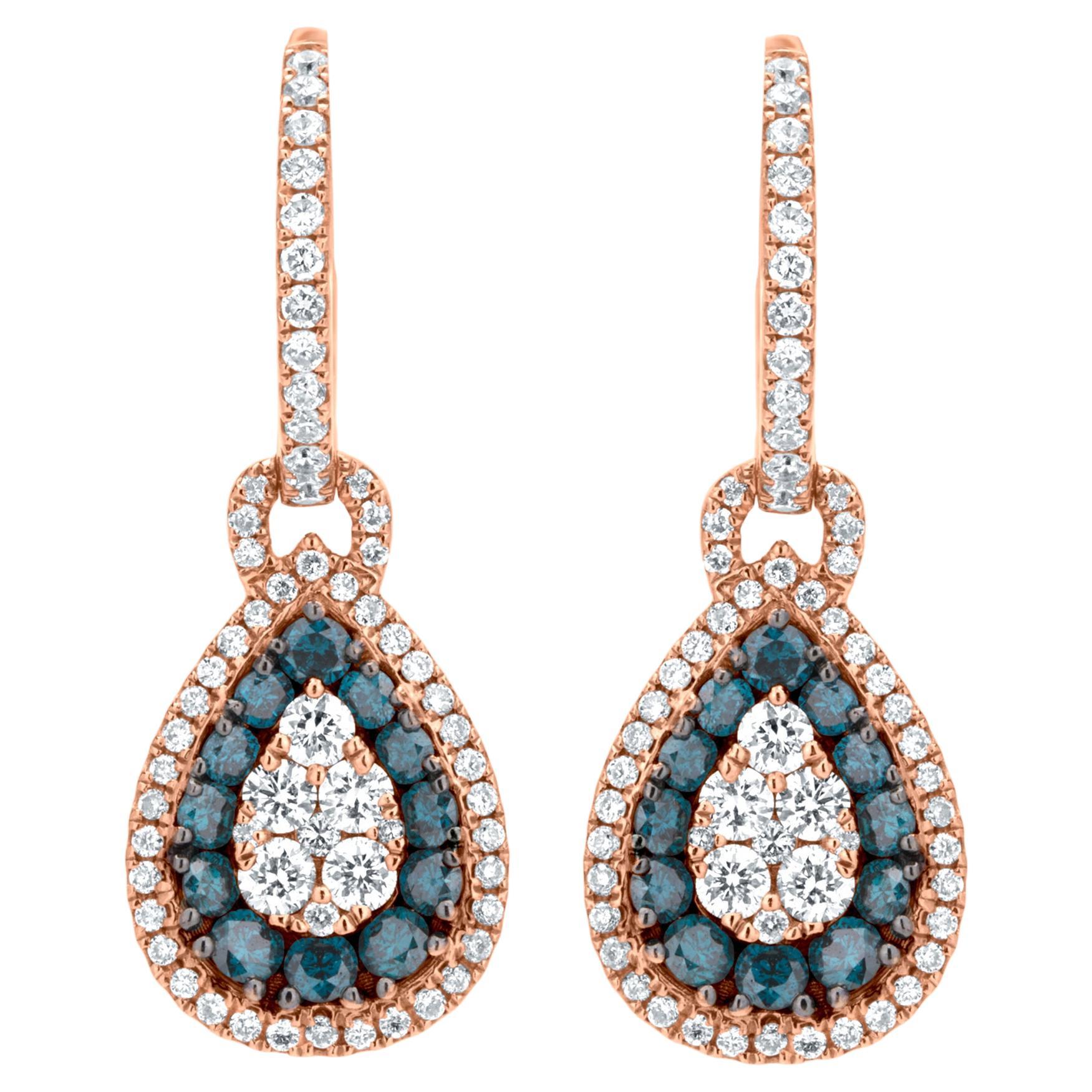 Luxle 1.28 Ct. Boucles d'oreilles pendantes en or rose 18 carats avec diamant bleu et blanc pavé