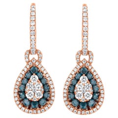 Luxle 1.28 Ct. Boucles d'oreilles pendantes en or rose 18 carats avec diamant bleu et blanc pavé