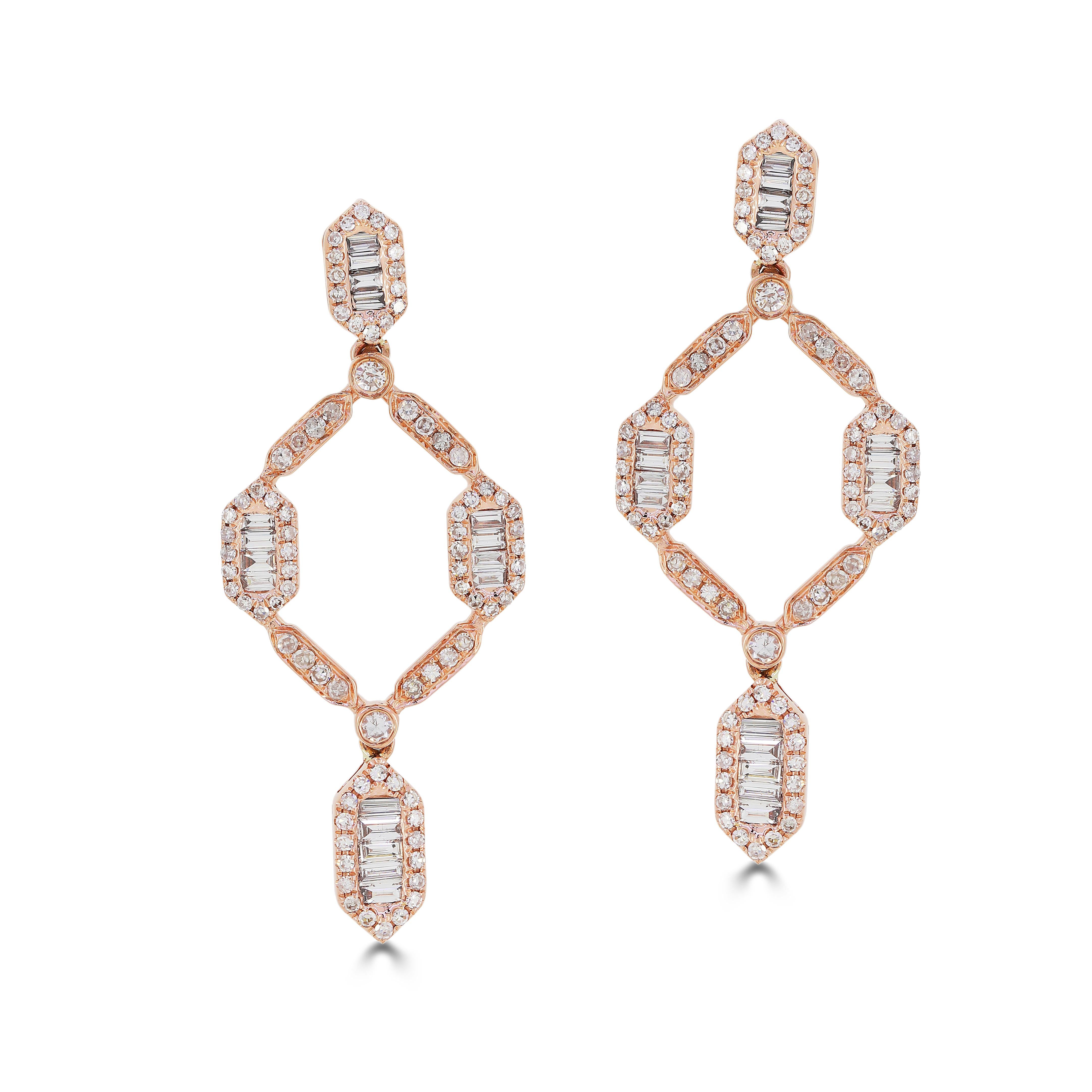 Baguette Cut Luxle 1.29ct T.W Baguette Diamond Open Frame Drop Earrings in 18k Rose Gold