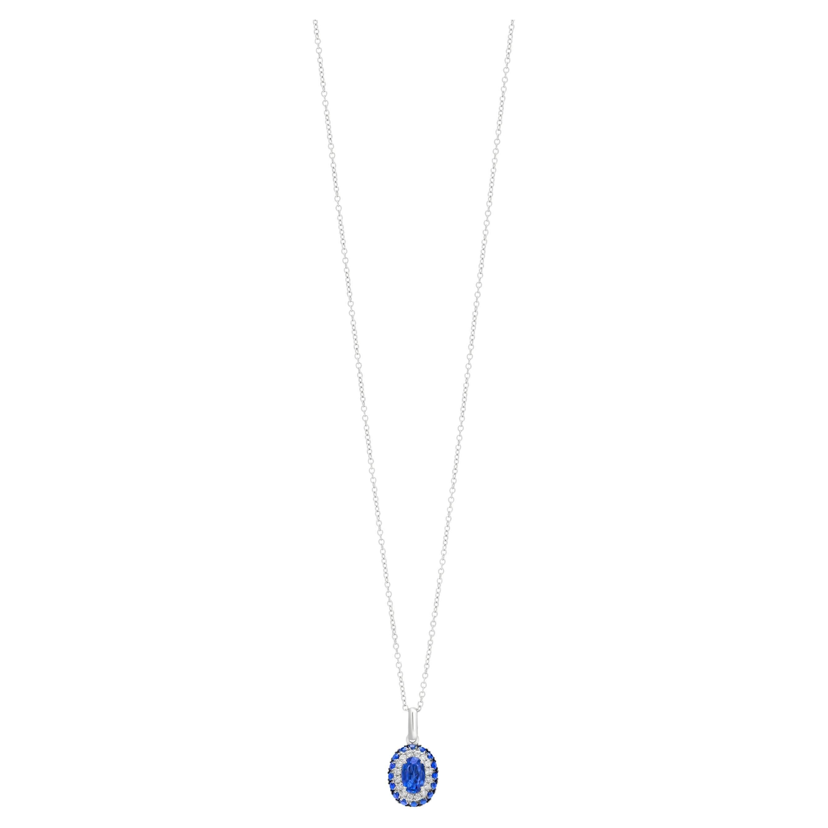 Round Cut Luxle 1.29 Cttw Natural Blue Sapphire/Diamond 18 Inch 18K Gold Necklace For Sale