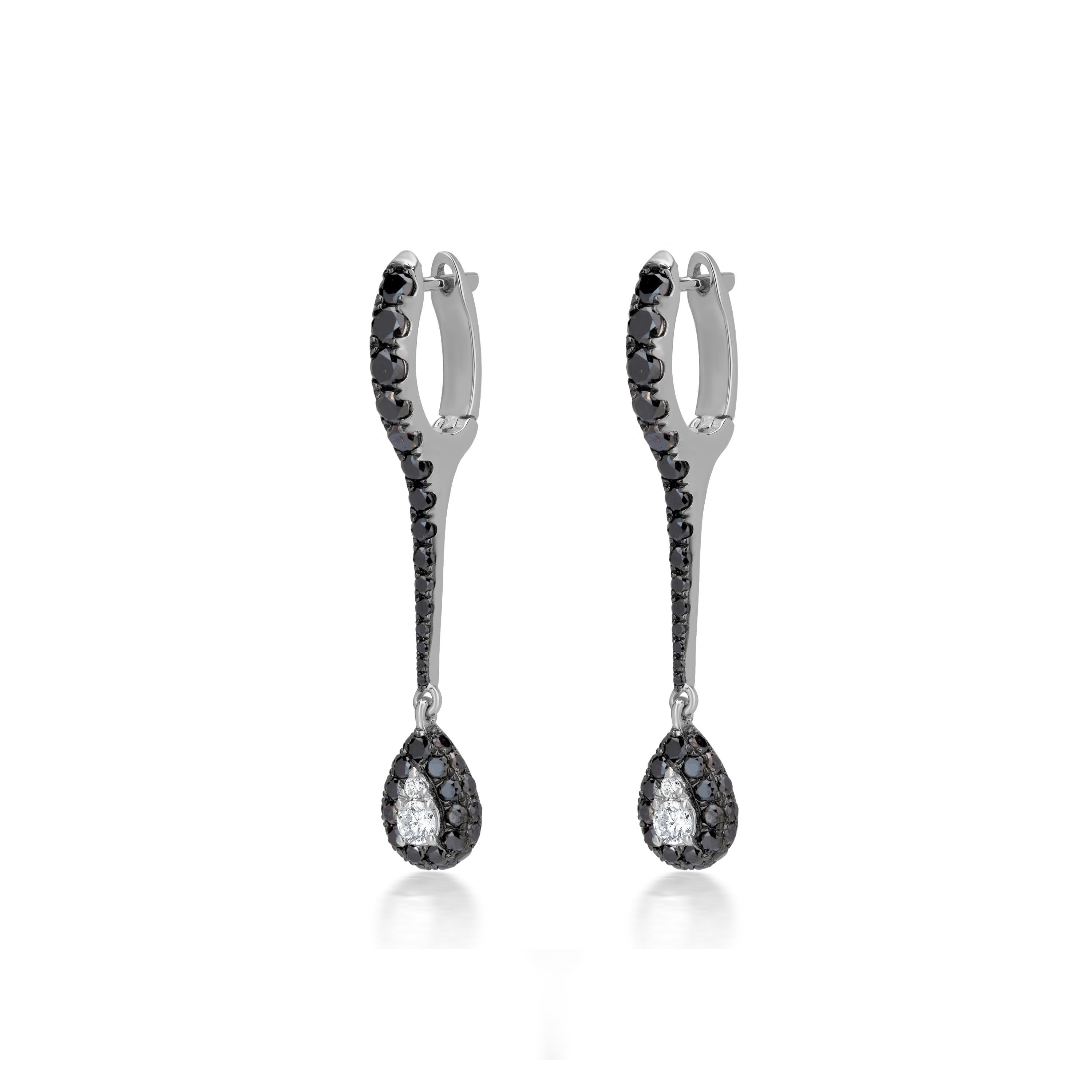 Manifested on an 18K White Gold, Black Rhodium body, this pair of dangling earring looks like an exclamation sign. Uniquely crafted by Luxle, this sleek pair of jewelry has round full-cut white and black diamonds in micro pave and illusion setting.