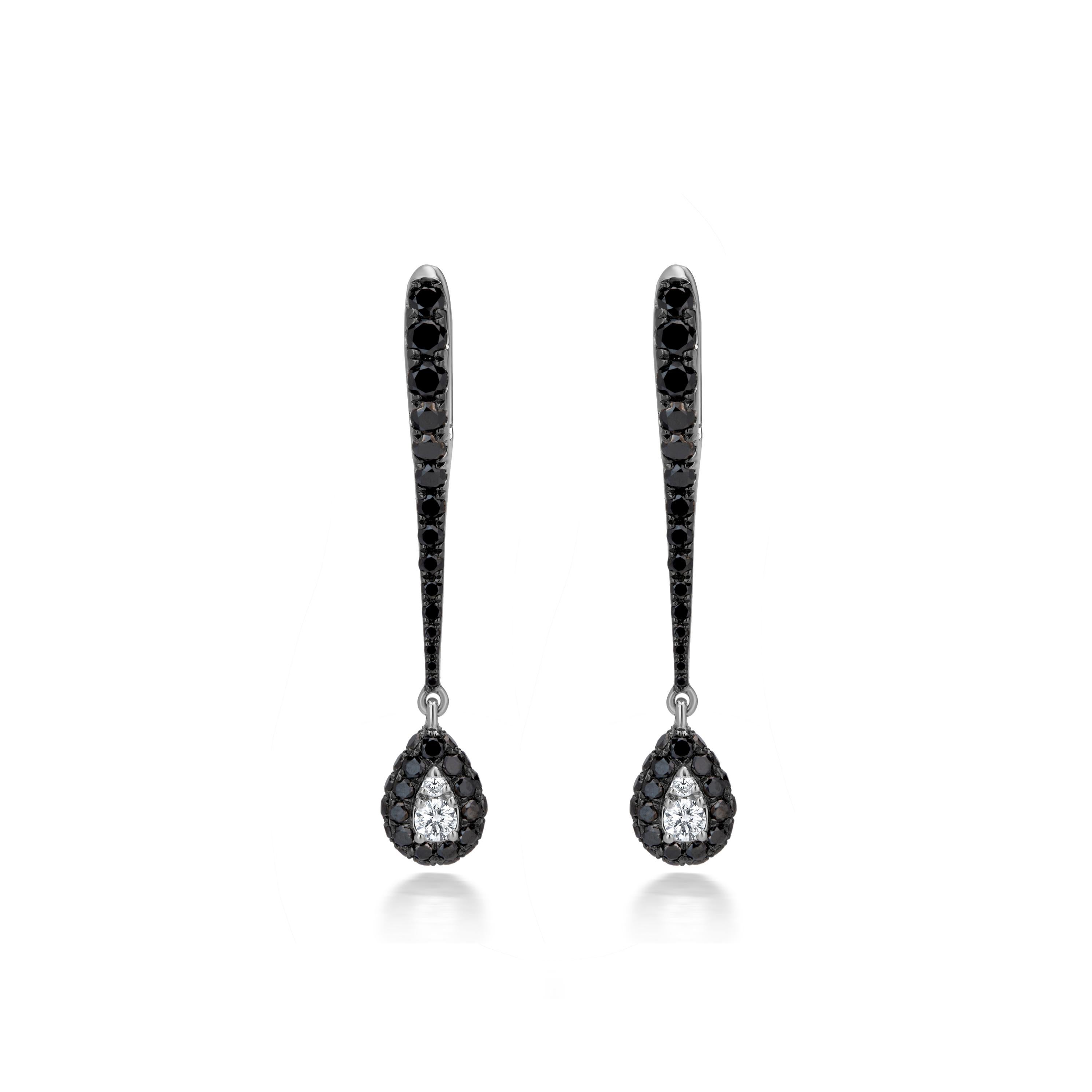 Round Cut Luxle 1.36 Cttw. White & Black Diamond Drop Earrings in 18k Gold, Black Rhodium For Sale