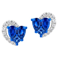 Luxle 1.38 Cttw. Heart Sapphire and Diamond Stud Earrings in 18k White Gold