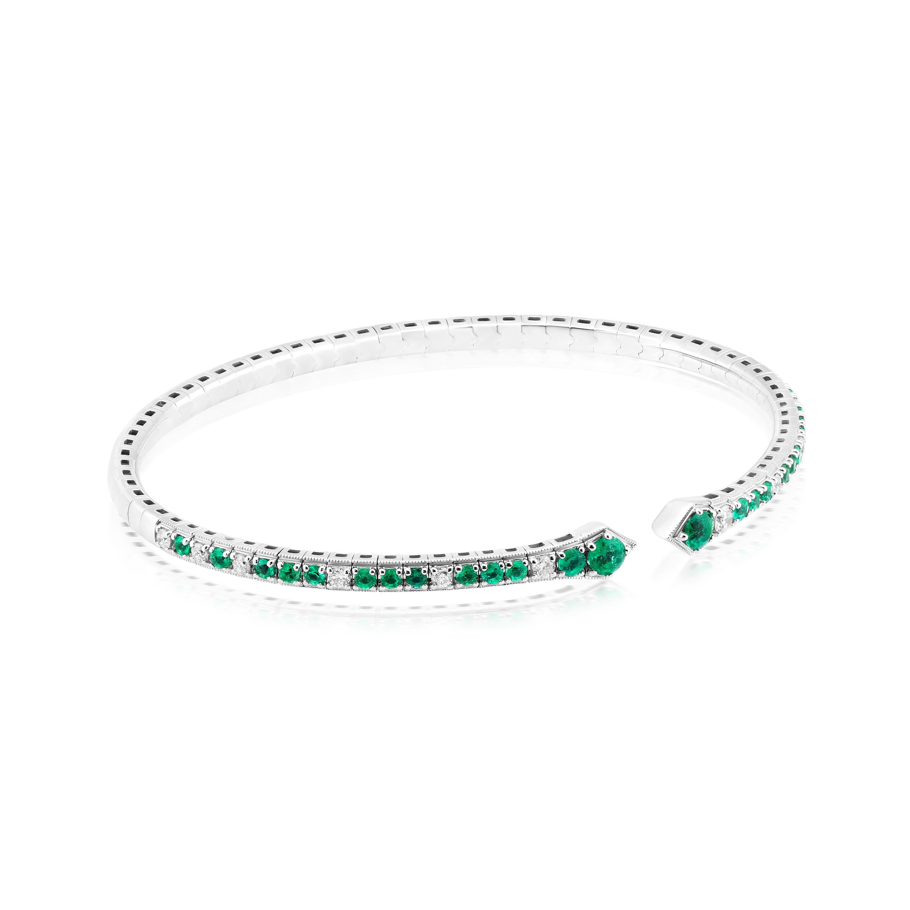 Contemporary Luxle 1.39 Cttw. Emerald and Diamond Serpentine Cuff Bracelets in 18k White Gold For Sale