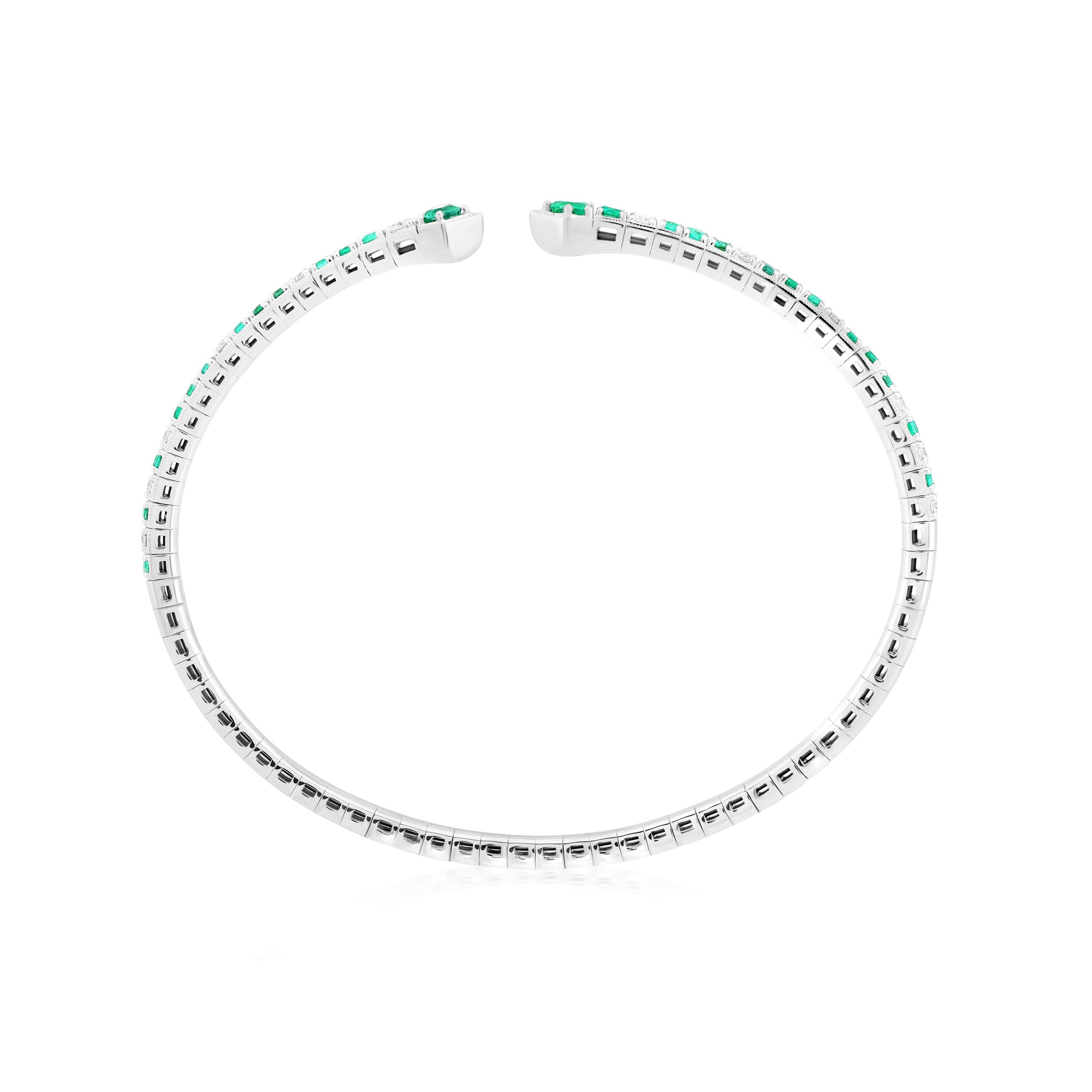 Brilliant Cut Luxle 1.39 Cttw. Emerald and Diamond Serpentine Cuff Bracelets in 18k White Gold For Sale