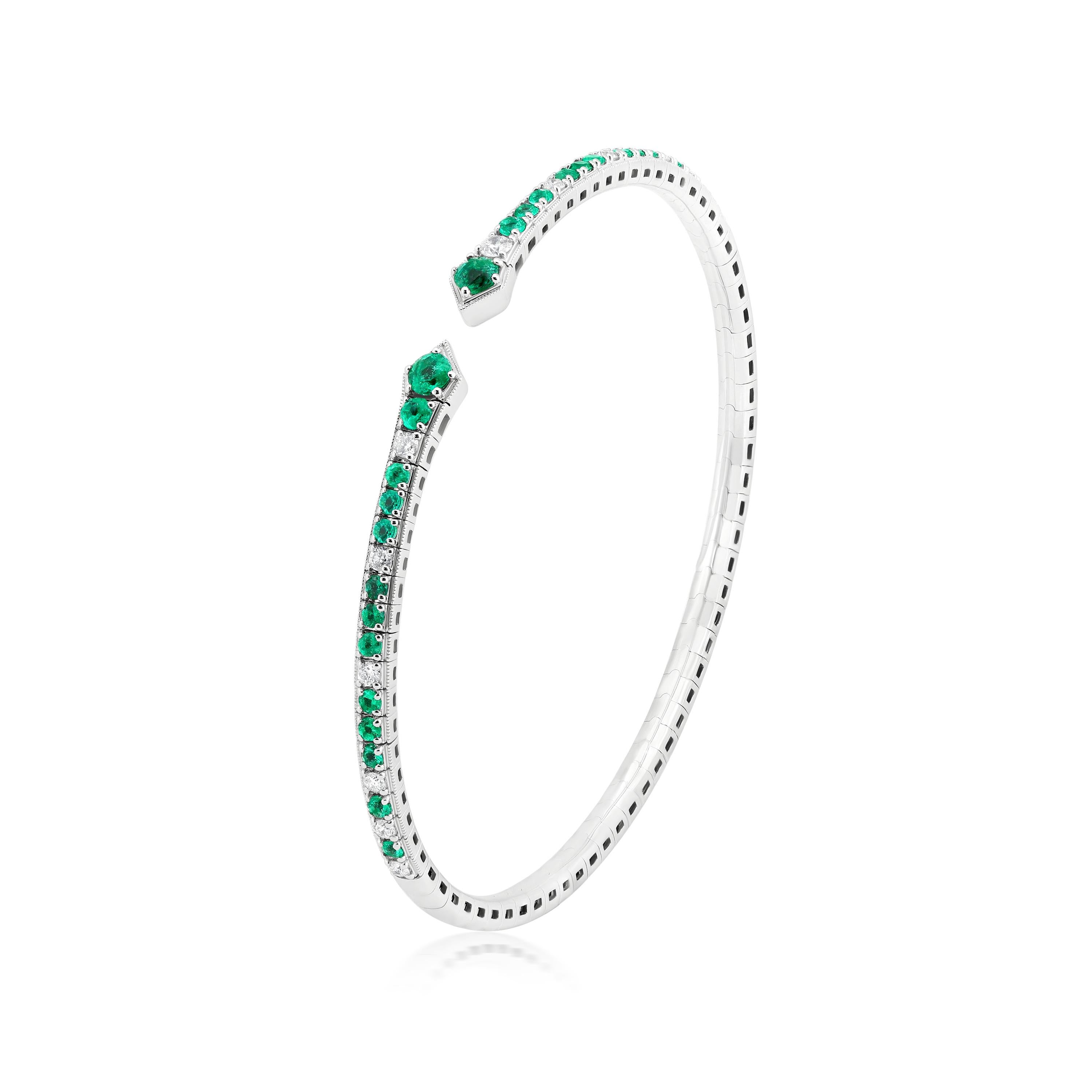 Luxle 1.39 Cttw. Emerald and Diamond Serpentine Cuff Bracelets in 18k White Gold In New Condition For Sale In New York, NY