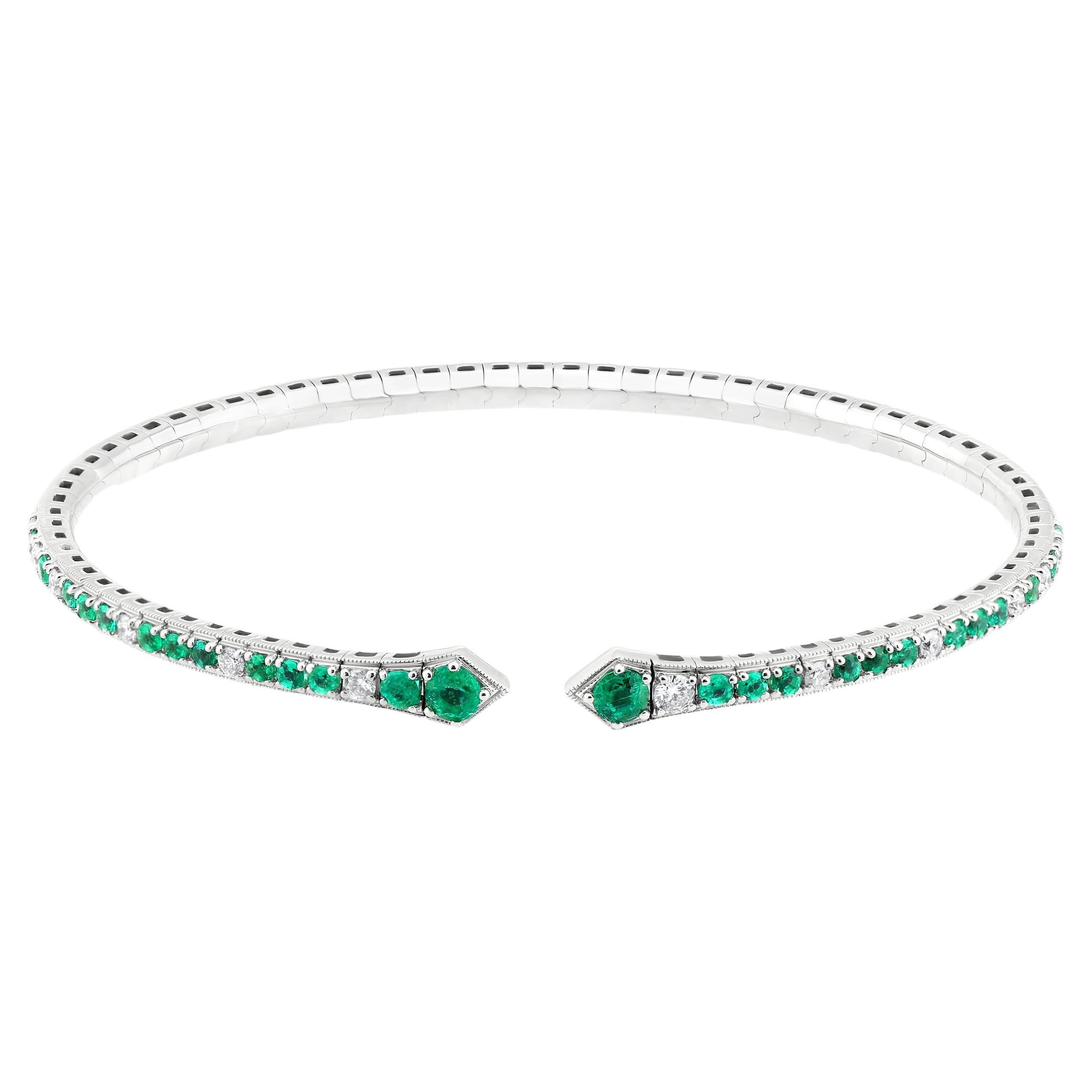 Luxle 1.39 Cttw. Emerald and Diamond Serpentine Cuff Bracelets in 18k White Gold