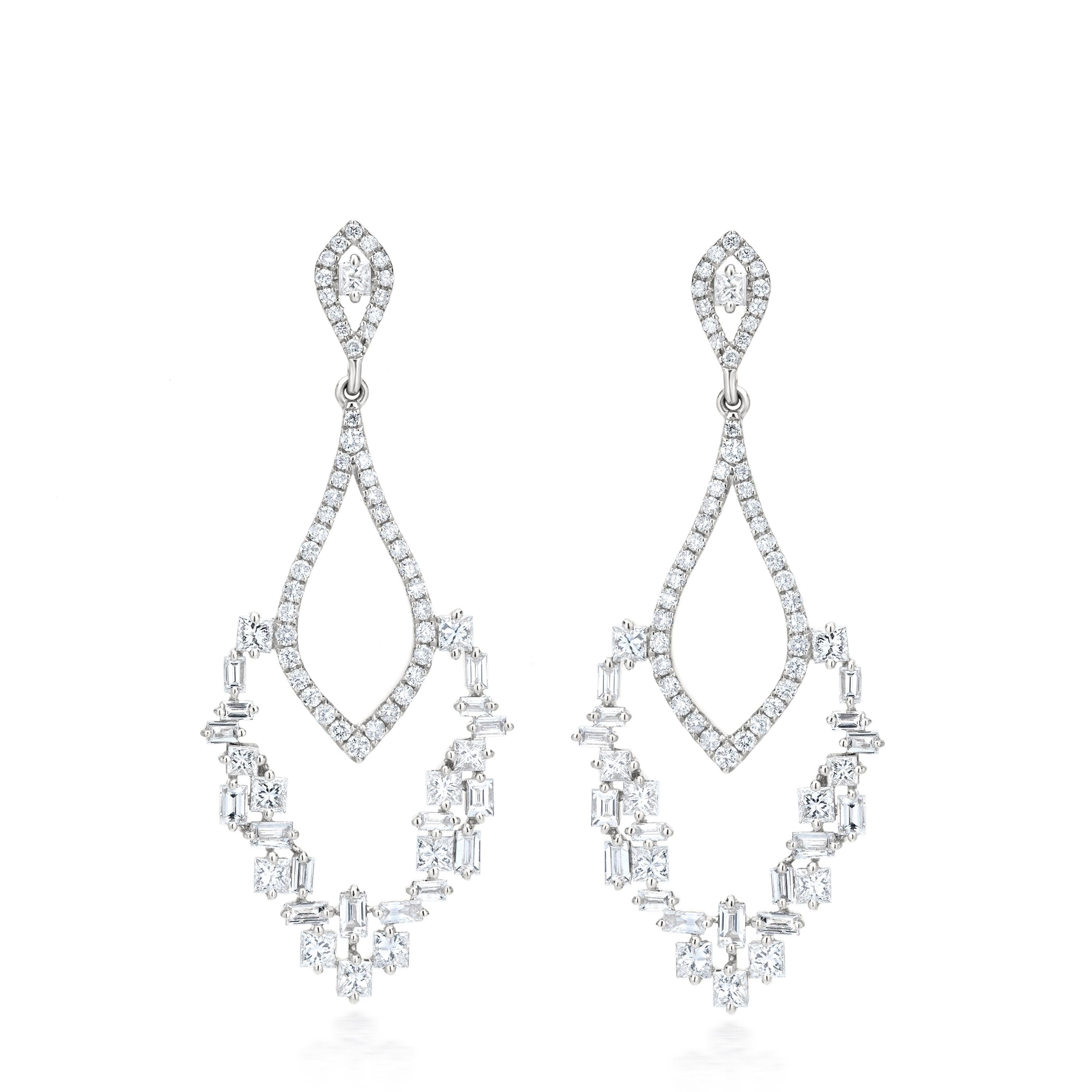 Baguette Cut Luxle 1.4 cttw. Diamond Dangle Earrings in 18k White Gold For Sale