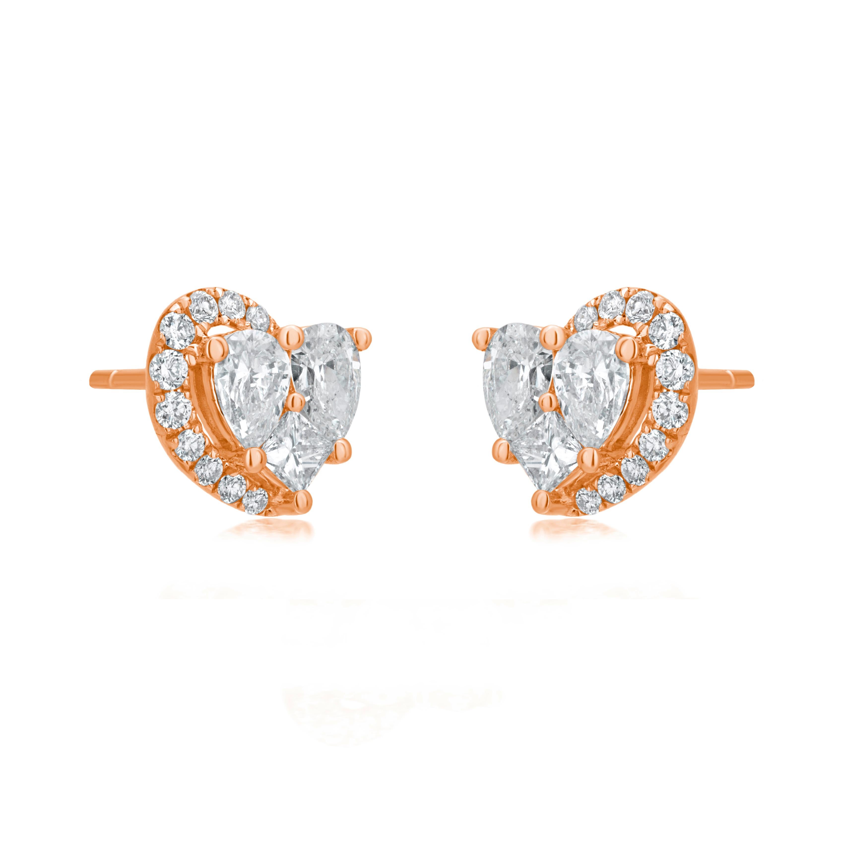 This heart-shaped stud earring pair is adorned with full-cut diamonds, pear-shaped white diamonds, and square full-cut white diamonds. The diamonds are SI, VS, SI3 in clarity and IJ, GH, G in color, weighing 1.4 Cts. Crafted by Luxle on an 18K Rose