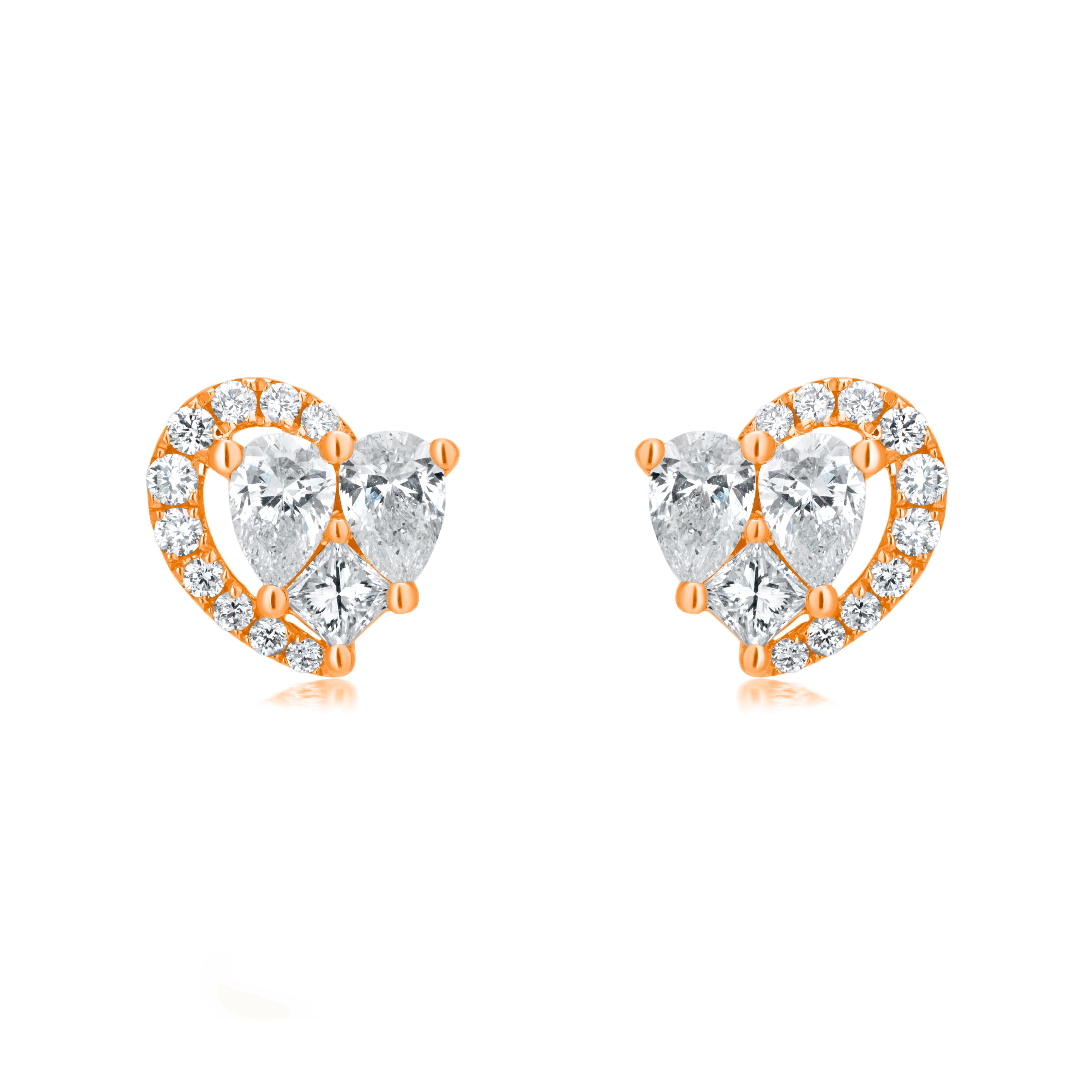 Pear Cut Luxle 1.4 Cttw Diamond Heart-Shaped Stud Earrings in 18k Rose Gold For Sale