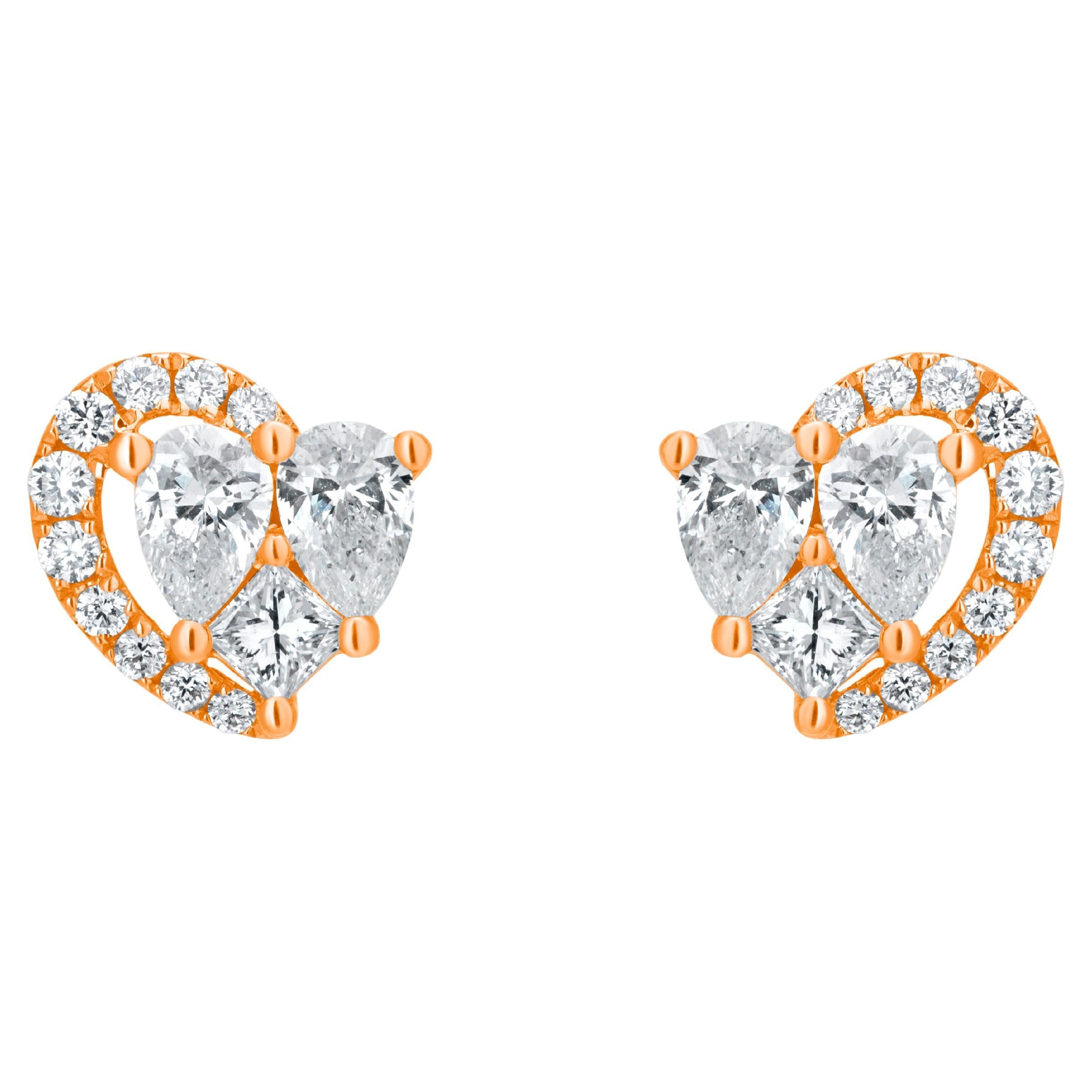 1.4 ct. pt. Boucles d'oreilles en or rose 18 carats en forme de cœur avec diamants