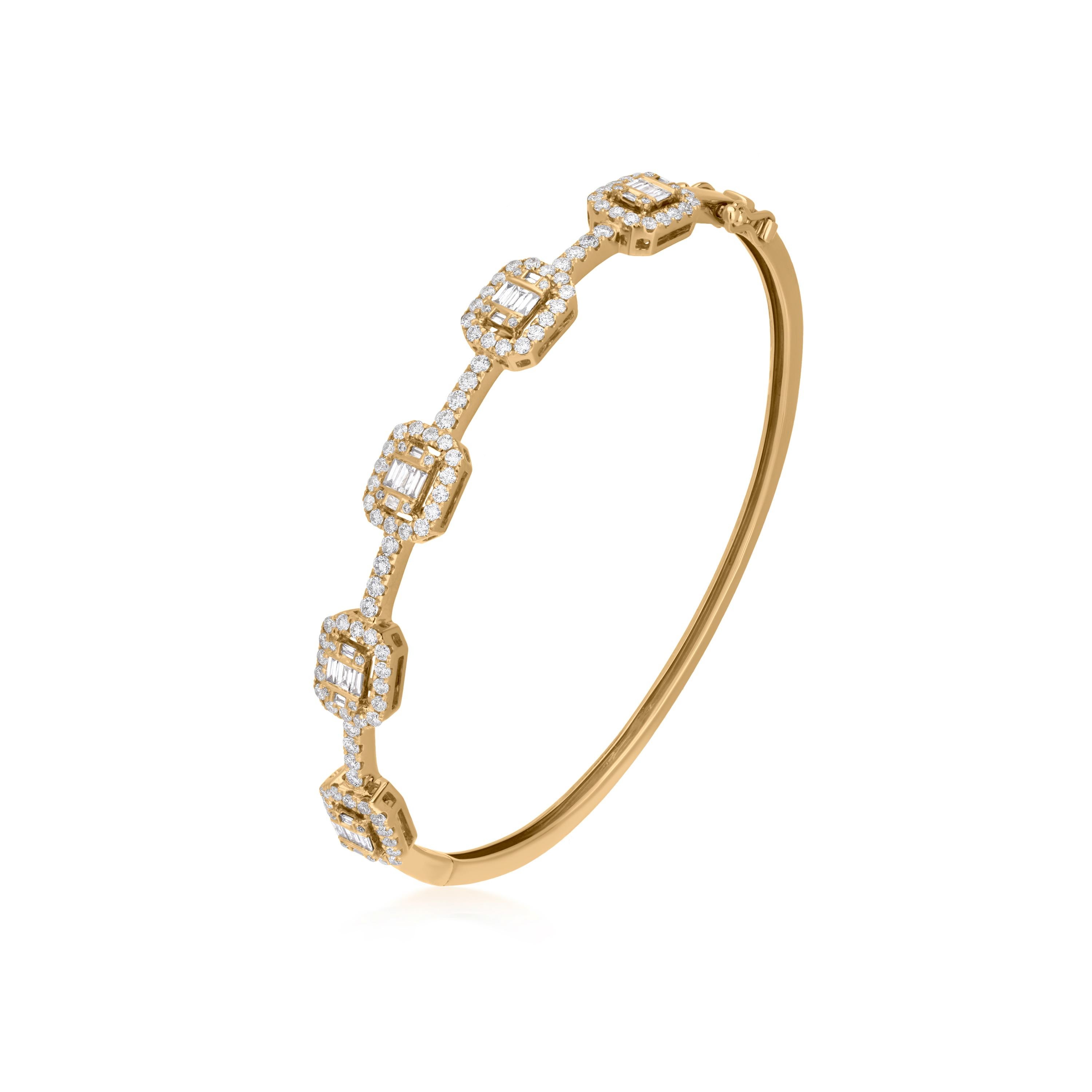 Adorn yourself with this spectacular diamond frames bangle bracelet of Luxle. Wrapping the front of the wrist in stately and sophisticated frames of 1.48 ct. t.w. baguette diamonds accentuated by a round diamond halo. The frames are mounted on