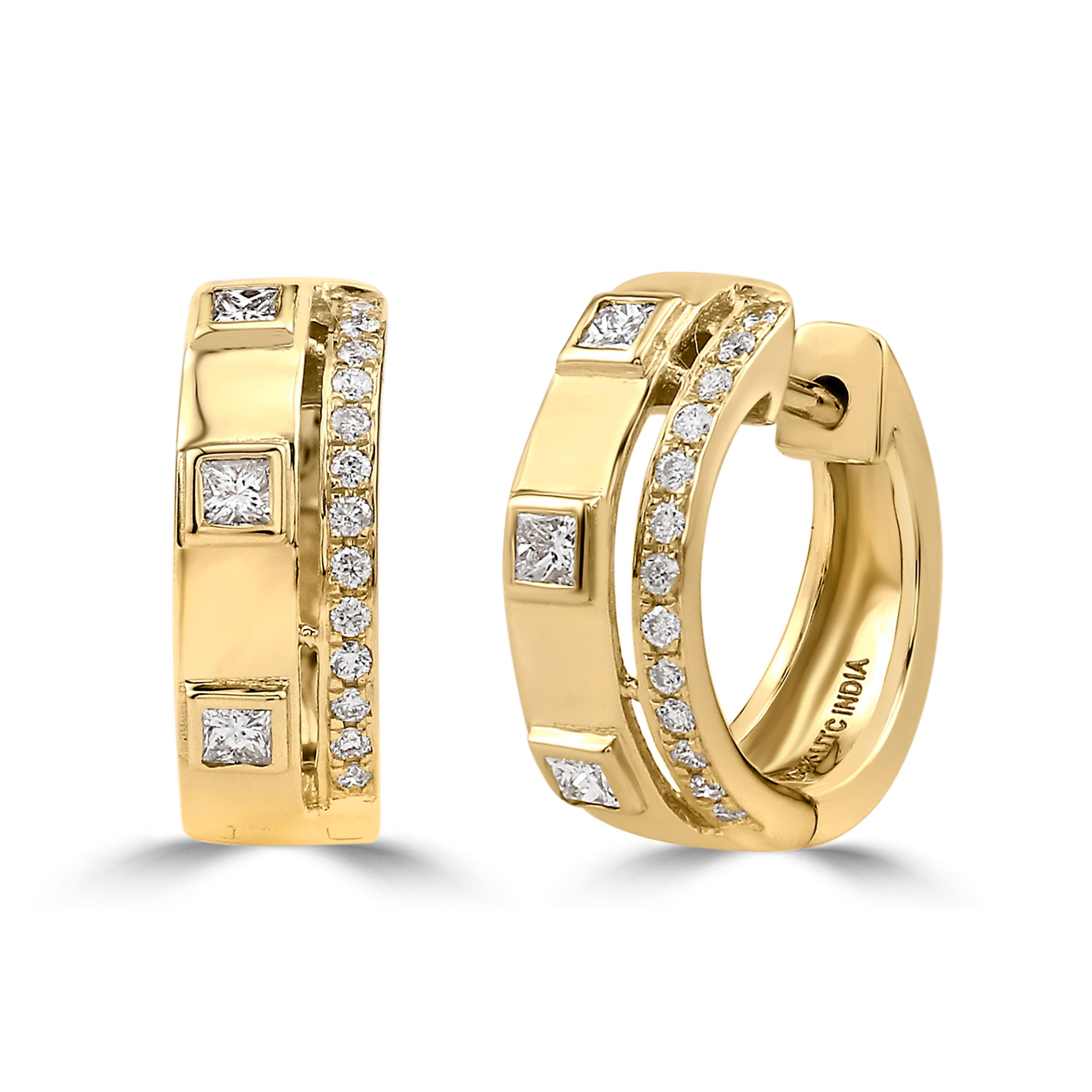 Les diamants ronds de 0,31 carat à taille unique et les diamants carrés à taille princesse sertis avec précision dans de l'or jaune 14K par Luxle donnent à ces boucles d'oreilles cerclées un aspect étincelant. Un verrouillage facile et sûr est