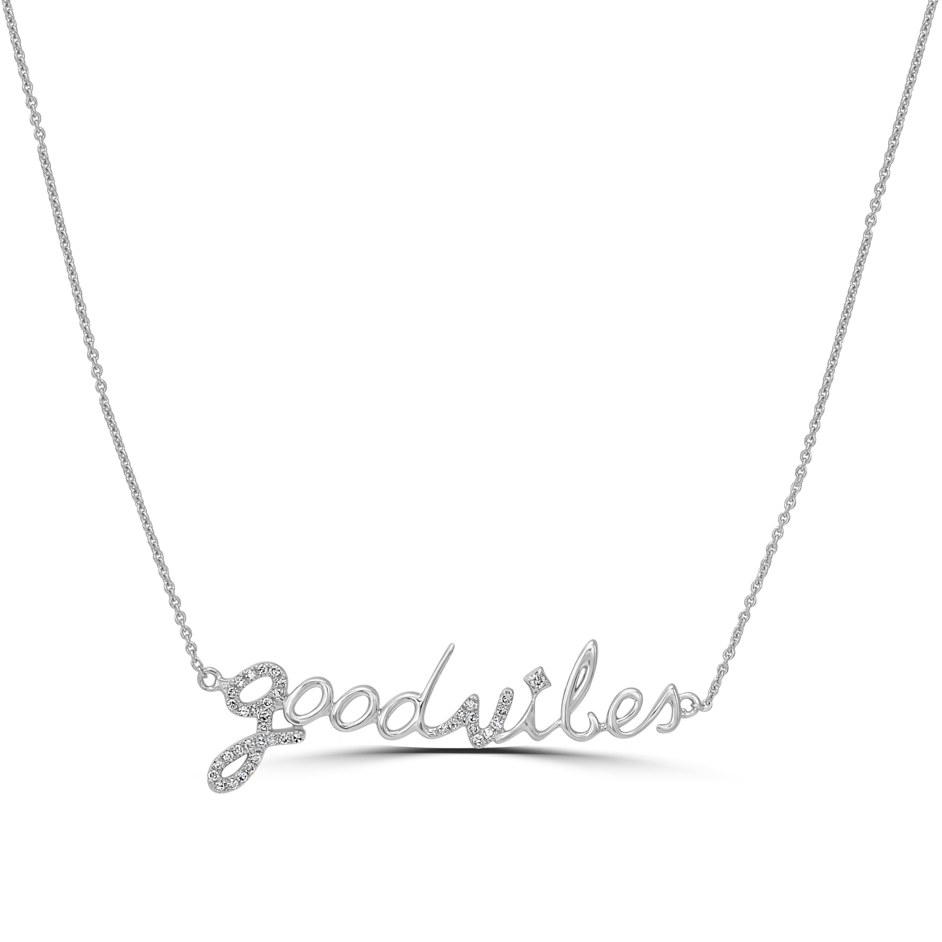 Glistening diamonds with a thoughtful pendant, a fantastic blend of both things you need. A total of 0.11 carats of round full-cut and single-cut diamonds are set in this Good Vibes inscribed motif. This Good Vibes pendant is made of 14K white gold