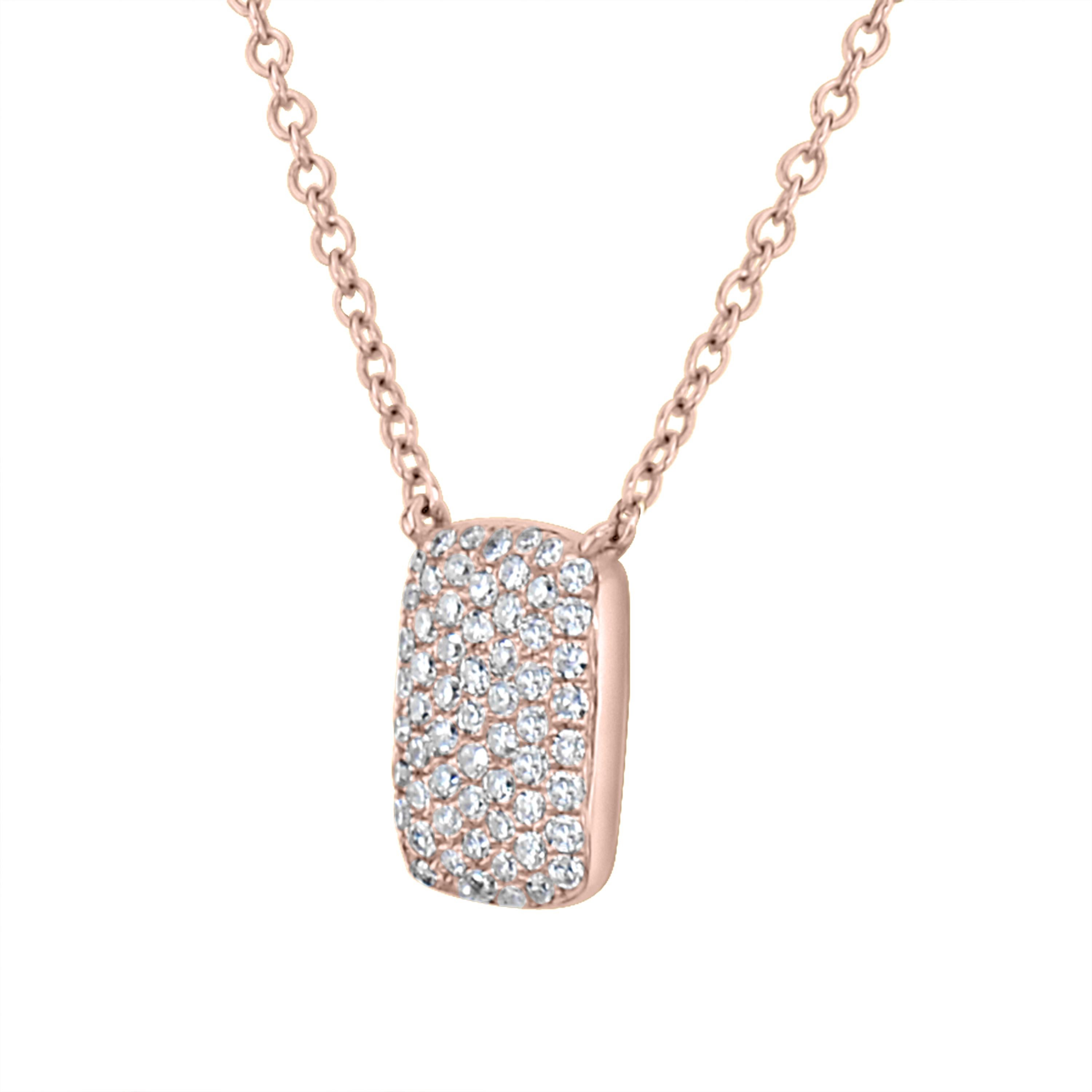 The Round Luxle Diamond Rectangle Pendant Necklace is definitely the prettiest of all! Crafted in gleaming 18K rose gold, this necklace is featured with a rectangular-shaped pendant embellished with shimmering round diamonds. The pendant hangs from