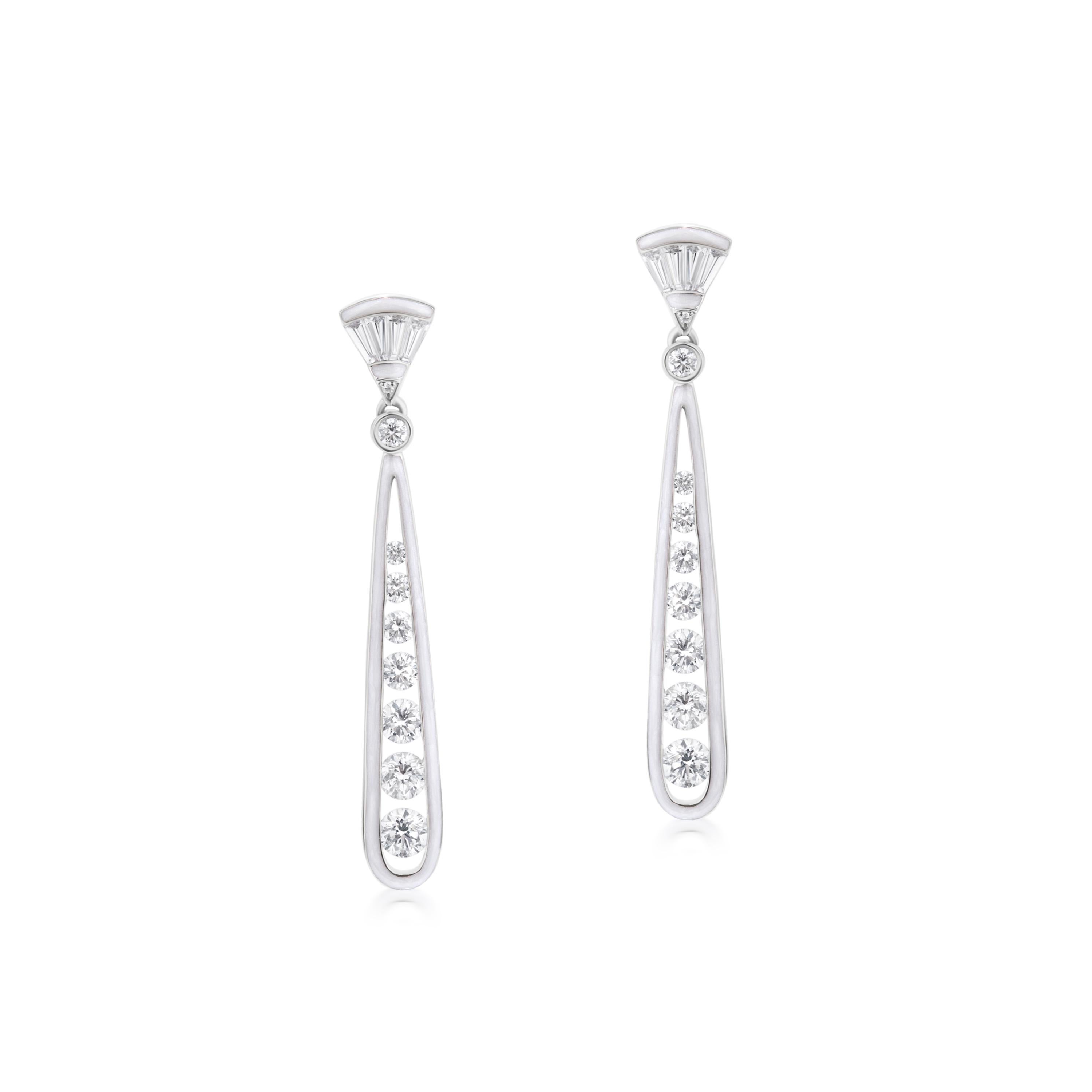 Contemporary Luxle 1.58 Cttw. Diamond and White Enamel Drop Earrings in 18K White Gold