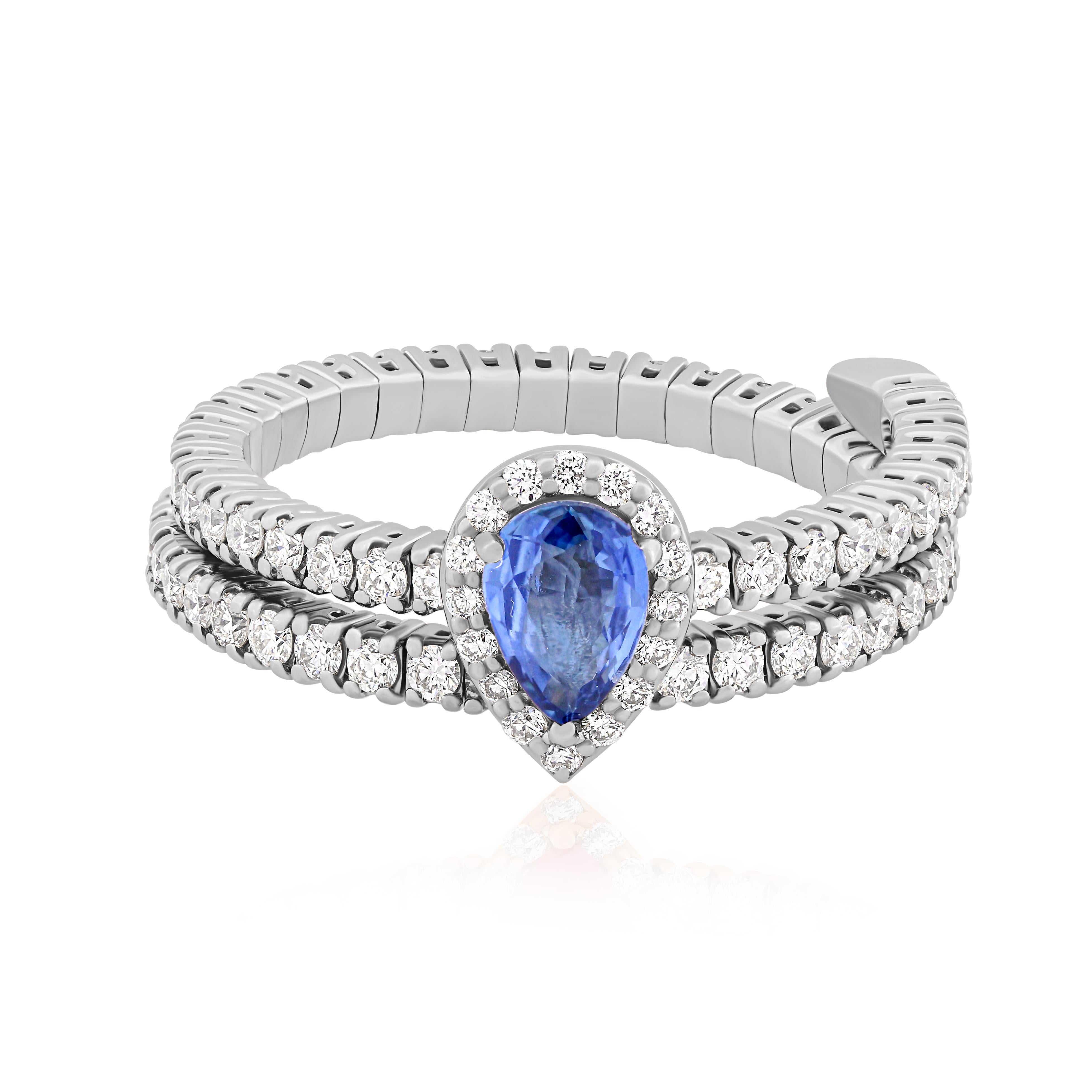 Luxle 1.5Cttw. Natural Blue Sapphire/Diamond Ring Size 7 In 18K White Gold In New Condition For Sale In New York, NY