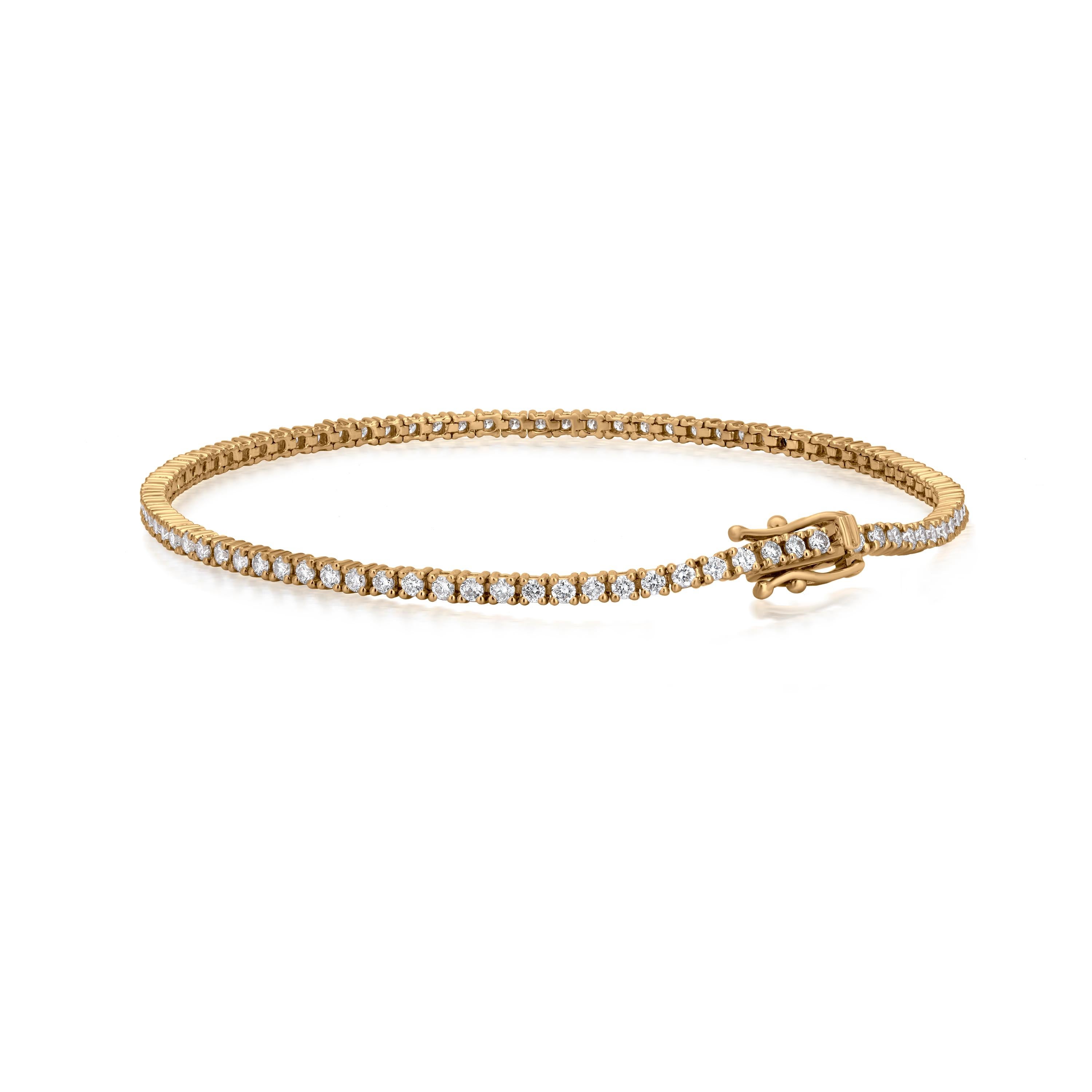Manifested on an 18K Yellow Gold body, this Luxle tennis bracelet is made up of sparkling white diamonds that are round full-cut, set in a prong. The diamonds weigh 1.6 Cts. The diamonds are I1 in clarity and GH in color. This sleek bracelet has an