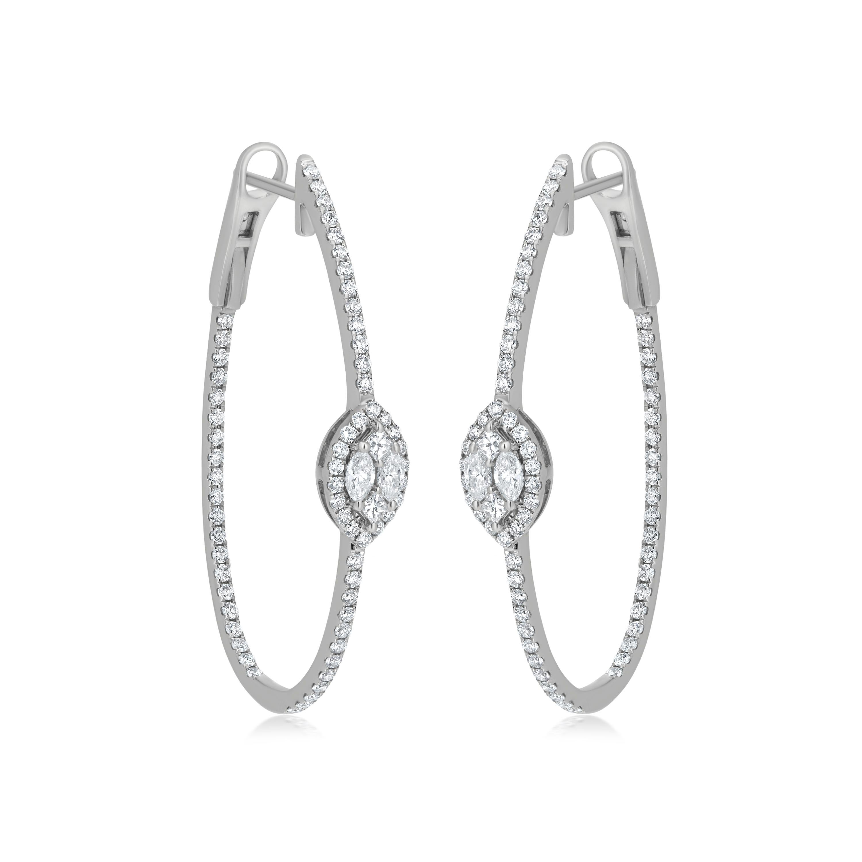 Combinaison éblouissante de diamants Un halo de diamants ronds entourant un motif de diamants marquise sur cette boucle d'oreille à l'envers sert à le mettre en valeur. Pour donner à cette boucle d'oreille un aspect captivant, des diamants pavés