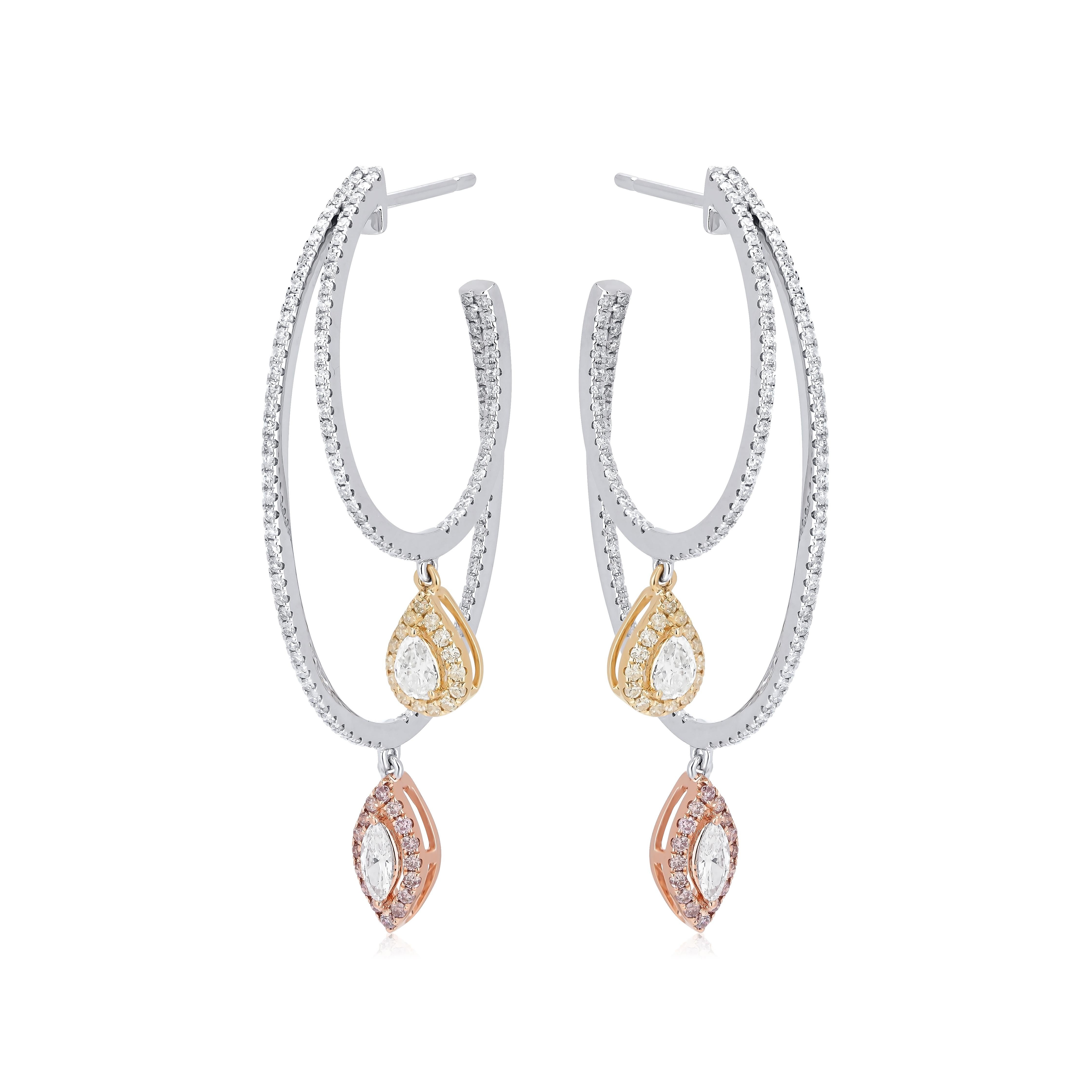Introducing our newest half hoop drop earring, made by Luxle with 18K white, rose, and yellow gold. This beautiful hoop earring features diamonds in round, pear and marquise shapes. The diamonds are SI1, I1 in clarity and GH, YL and pink in color,