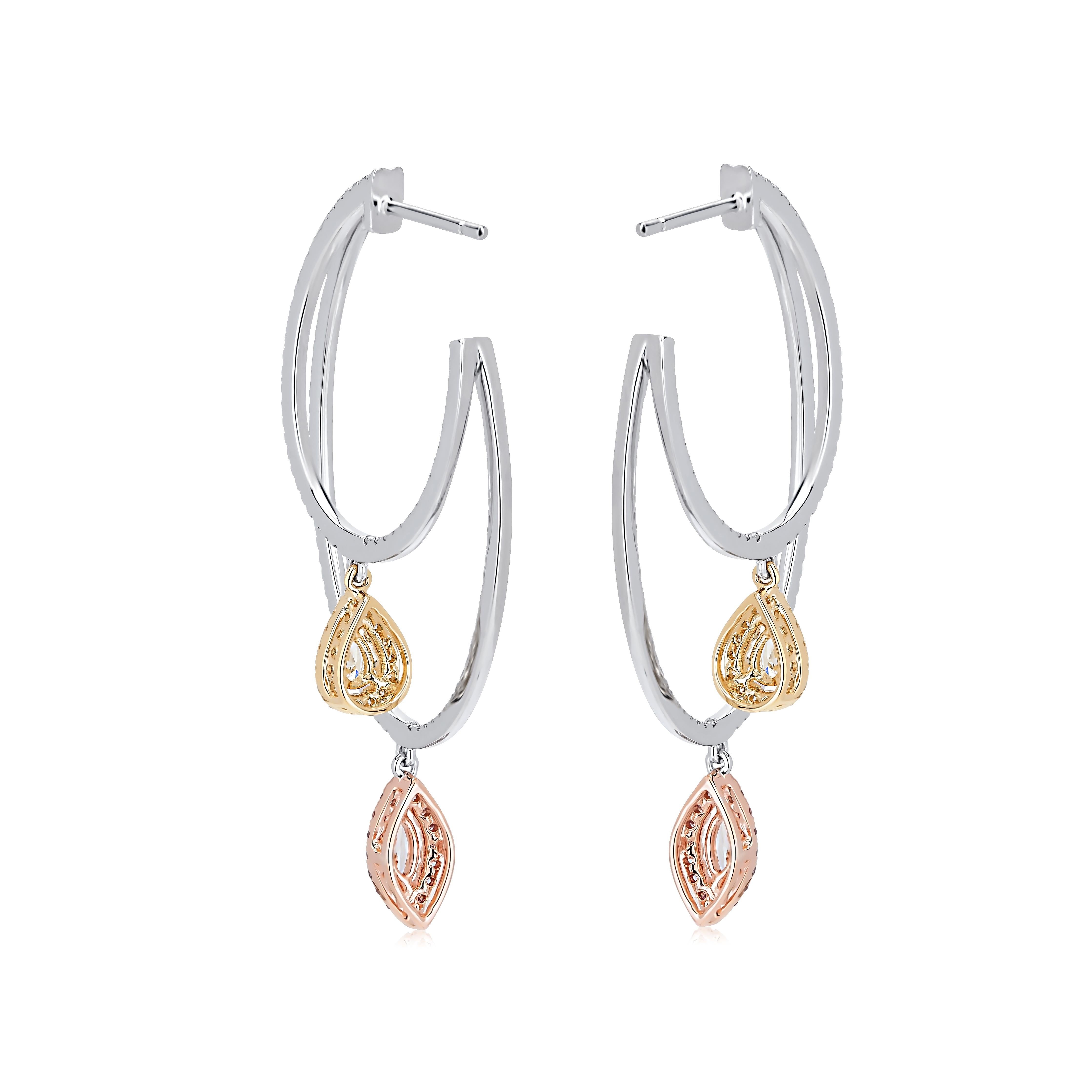 Contemporary Luxle 18k Gold 1.68 Cttw. White, Yellow & Pink Diamonds Half Hoop Drop Earrings