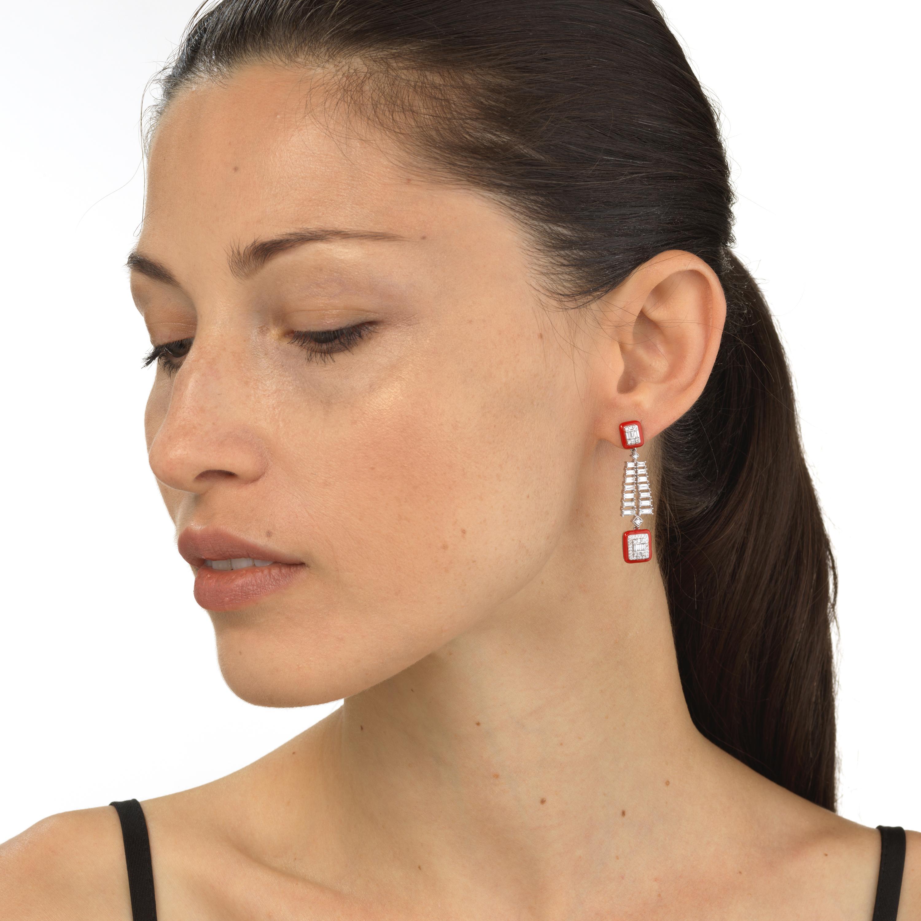Baguette Cut Luxle 1.9cttw. Baguette Diamond and Red Enamel Dangle Earring in 18k White Gold