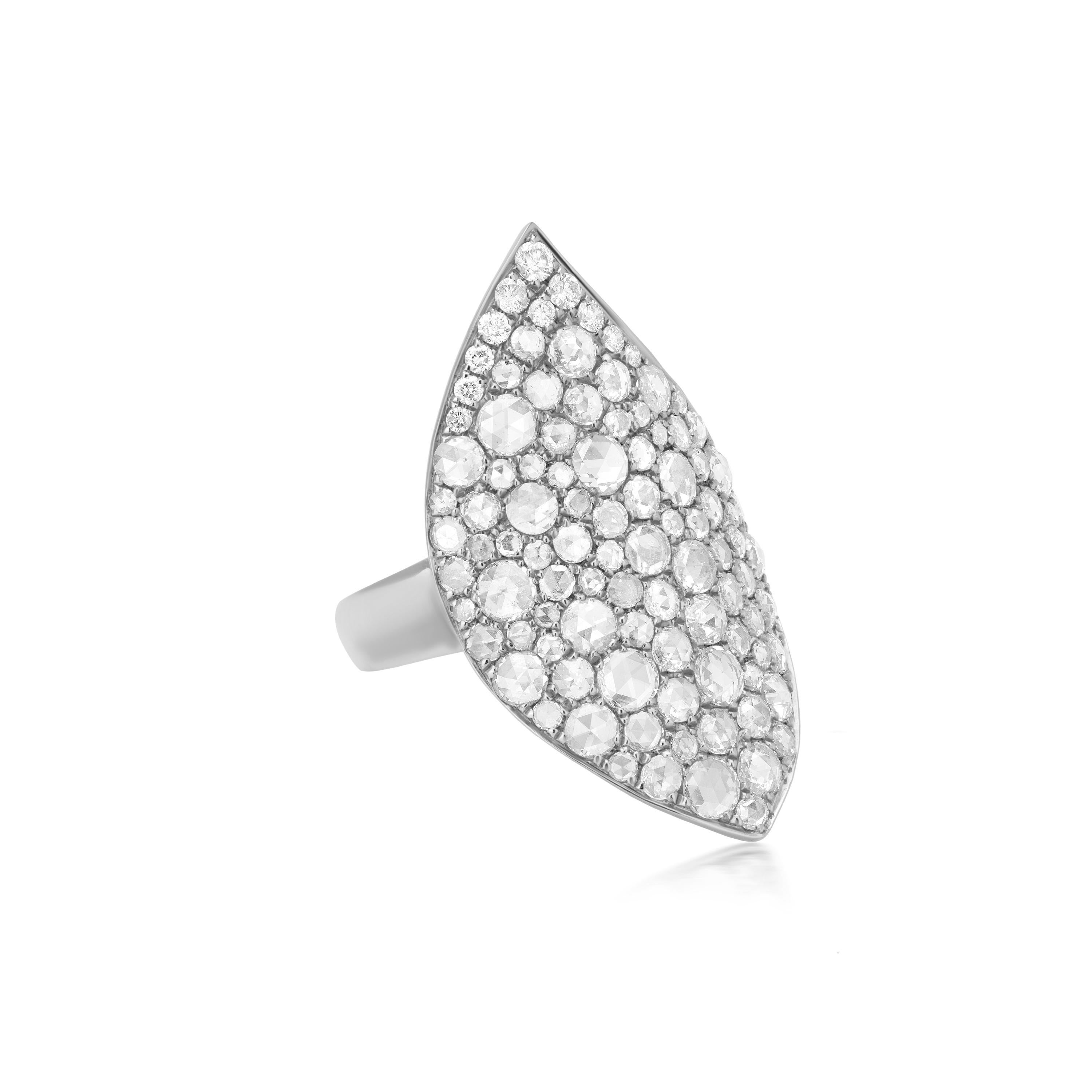 Luxle 2.19 Cttw. Rose-Cut Round Diamond Leaf Cluster Ring in 18K White Gold In New Condition For Sale In New York, NY