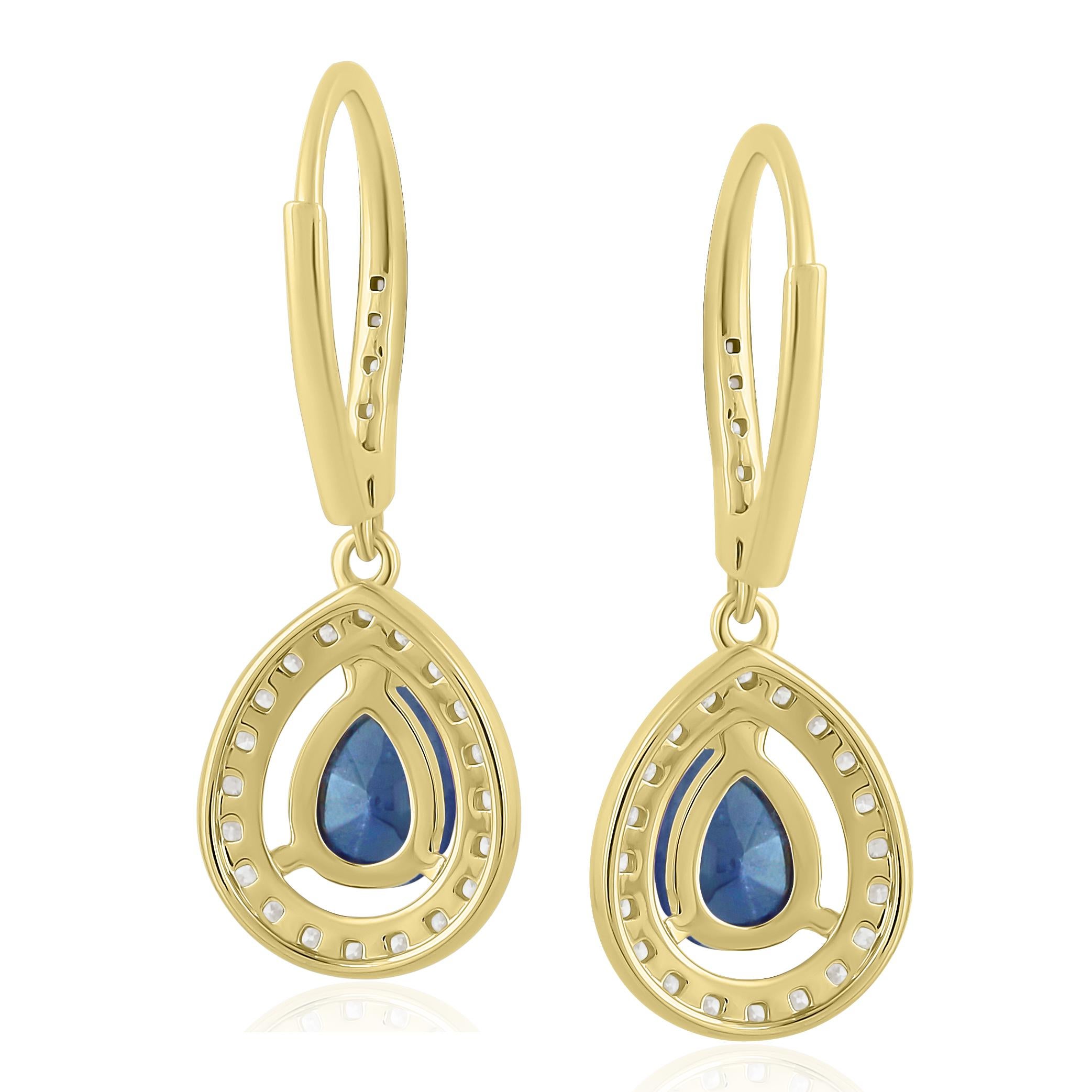 Luxle 2,63 Cttw Natürlicher blauer Saphir und Diamant Tropfenohrringe aus 18K Gold (Zeitgenössisch)