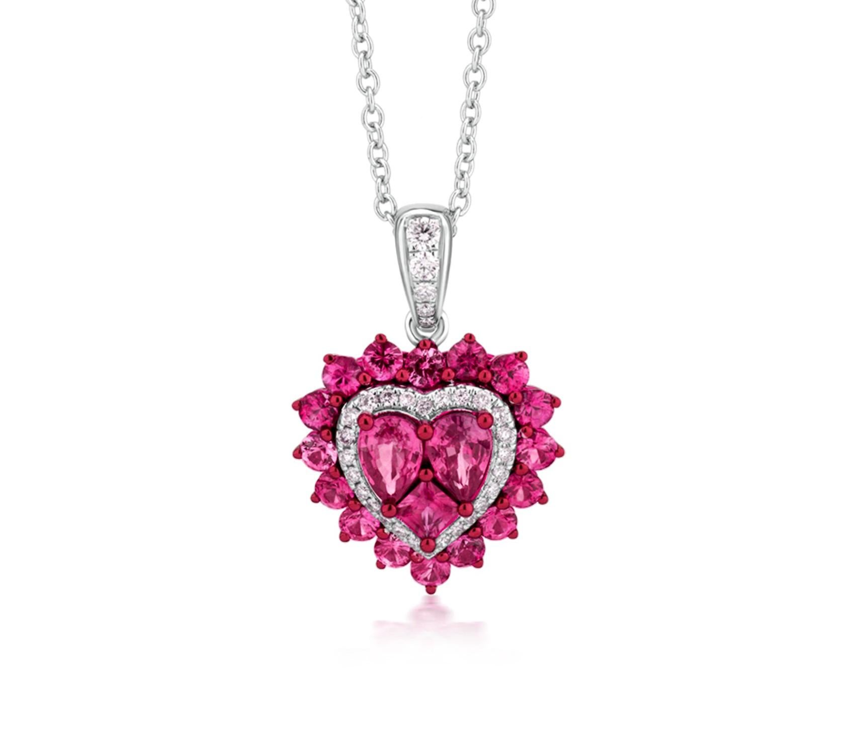 Contemporary Luxle 2.63 Cttw. Heart Pendant Necklace with Ruby and Diamond in 18K White Gold For Sale