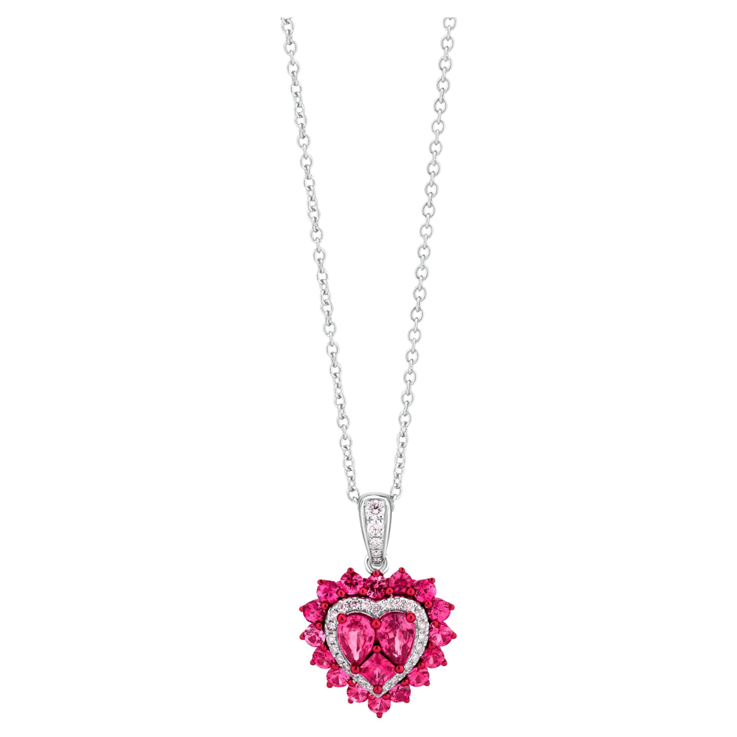 Luxle 2.63 Cttw. Heart Pendant Necklace with Ruby and Diamond in 18K White Gold For Sale