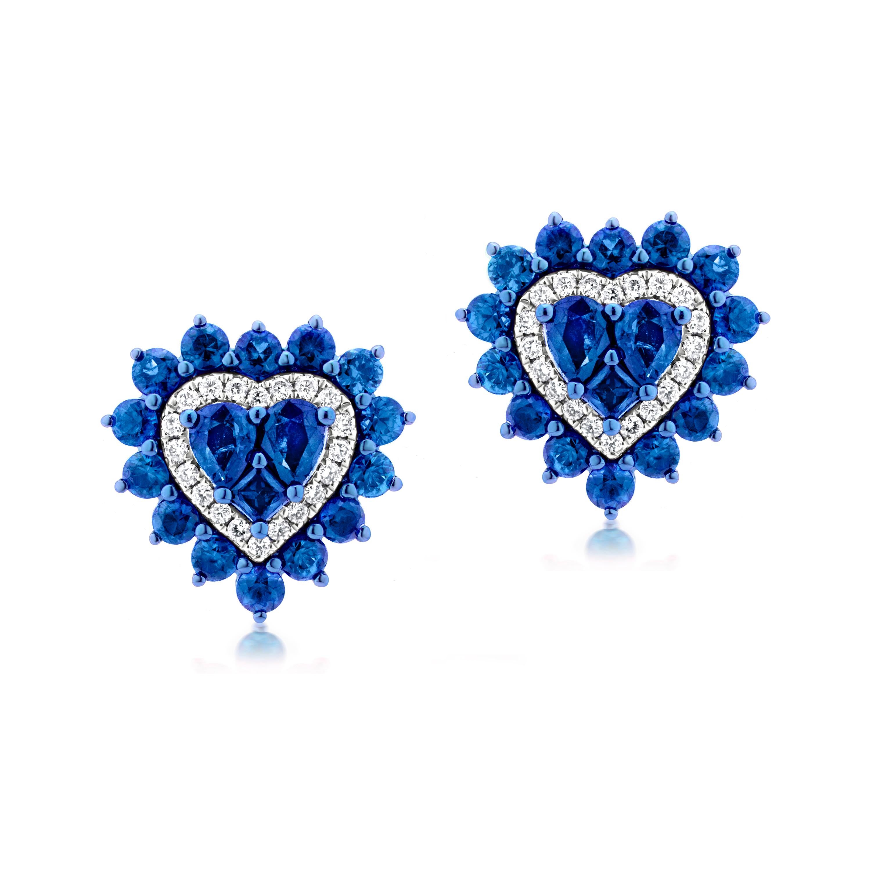Brilliant Cut Luxle 2.84 Cttw. Sapphire and Diamond Heart Stud Earring in 18k White Gold  For Sale