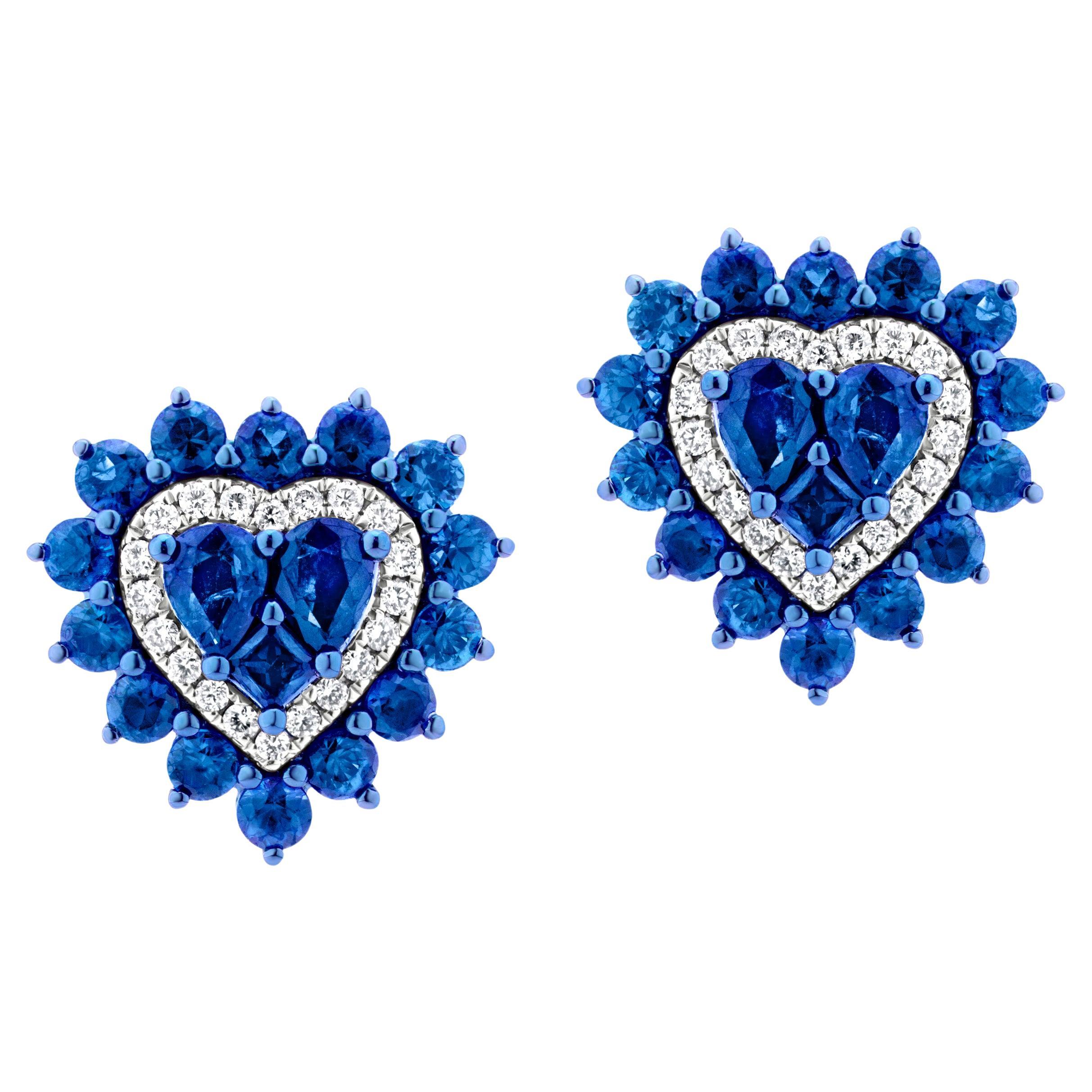 Luxle 2.84 Cttw. Sapphire and Diamond Heart Stud Earring in 18k White Gold  For Sale