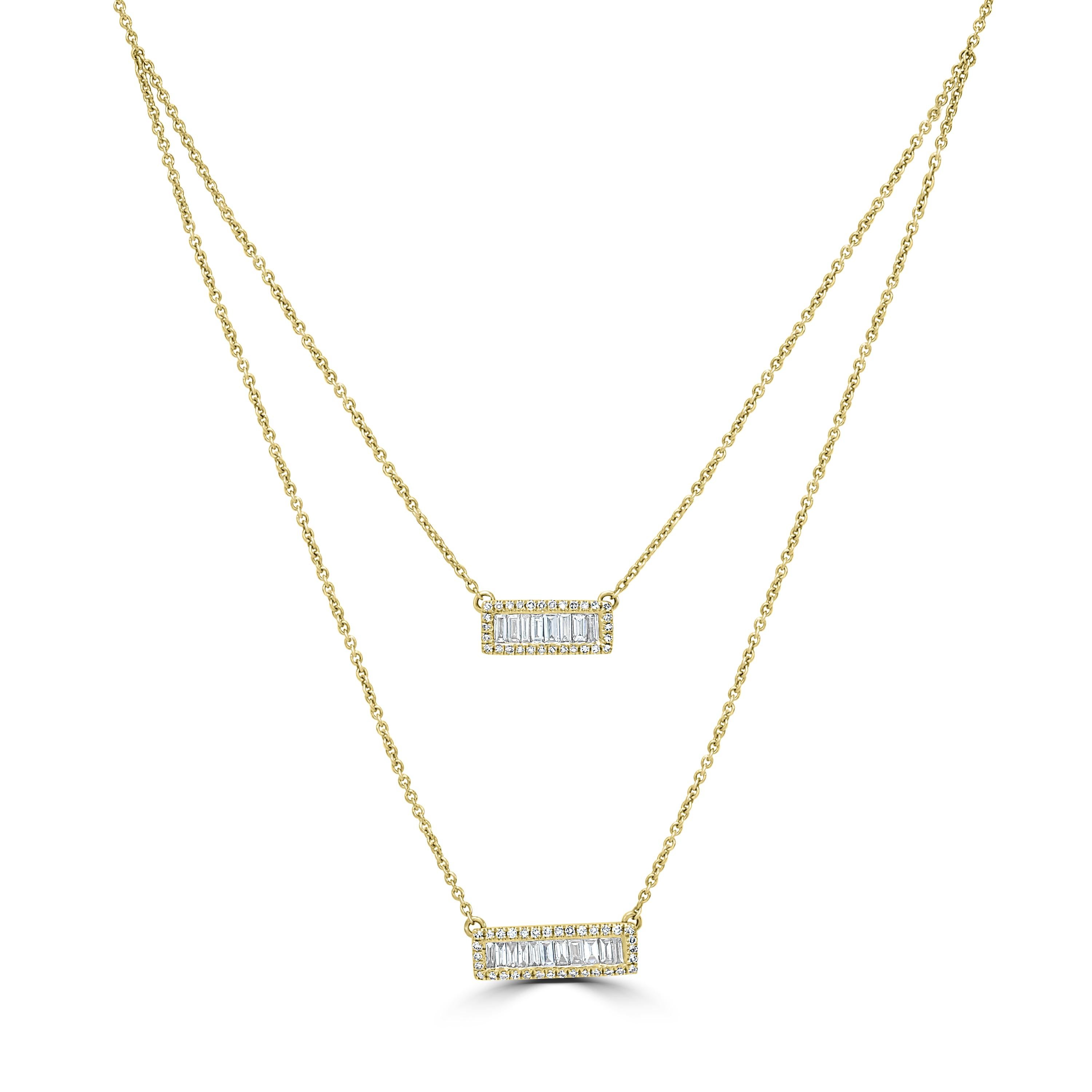 Expect compliments when you wear this Luxle diamond double-strand bar necklace. Featuring 0.34 Cts baguette full-cut diamonds set in bars in the center make this necklace a work of art. The layers of this necklace glide effortlessly upon your