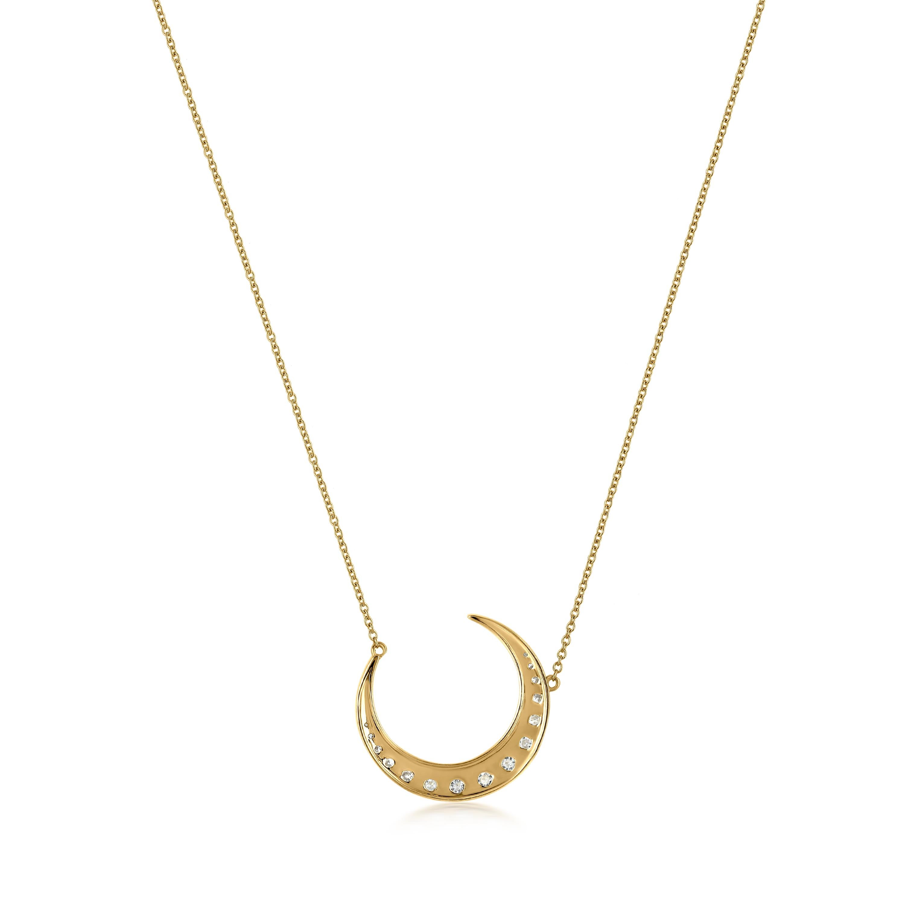 Round Cut Luxle 5/8 Carat T.W. Diamond Crescent Moon Pendant Necklace in 14k Yellow Gold For Sale