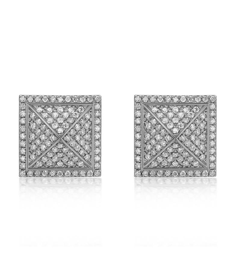 Round Cut Luxle 2/3 Cttw Natural Diamond Square Mosaic Stud Earrings in 18k White Gold For Sale