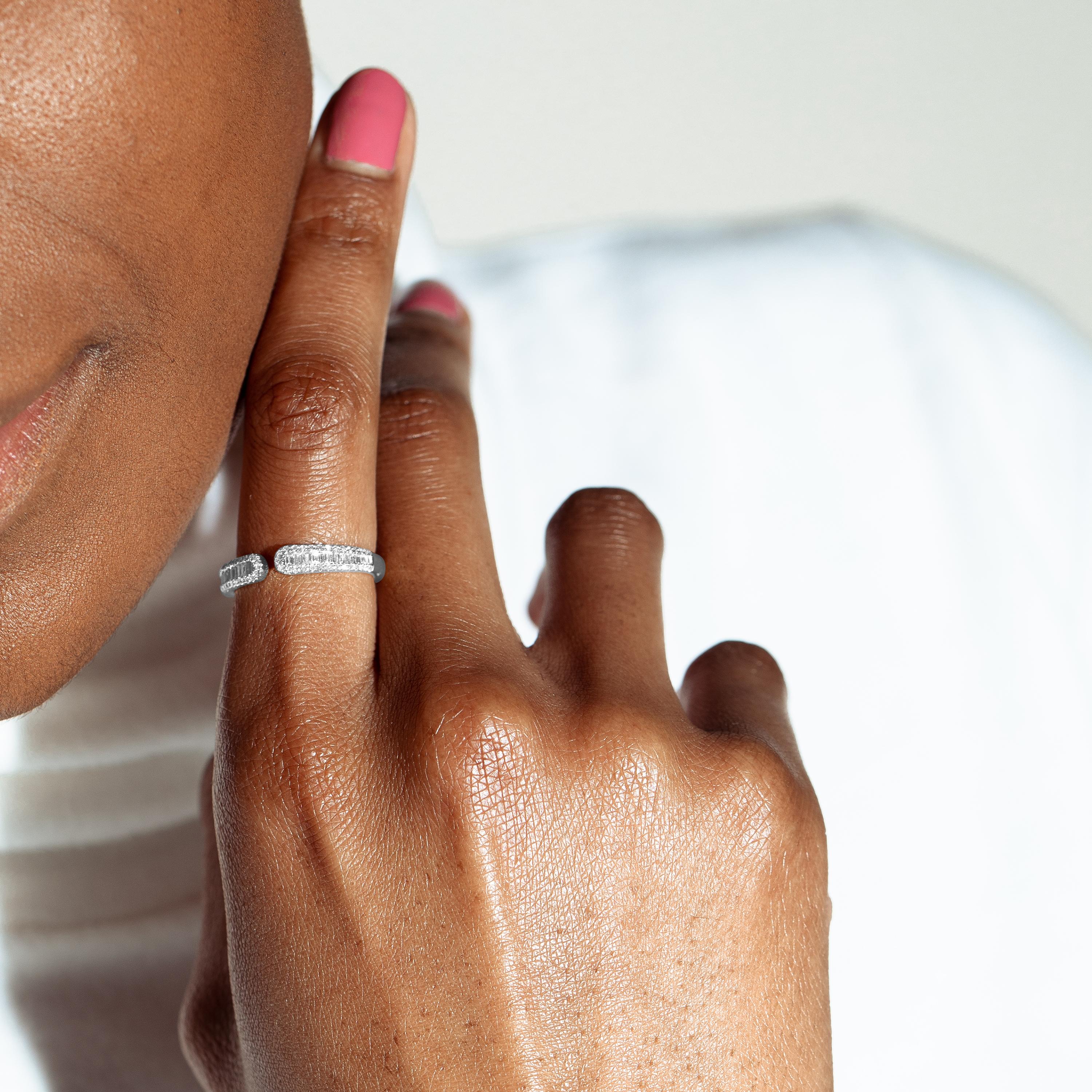 Contemporary Luxle Baguette Diamond Cuff Ring in 14k White Gold For Sale
