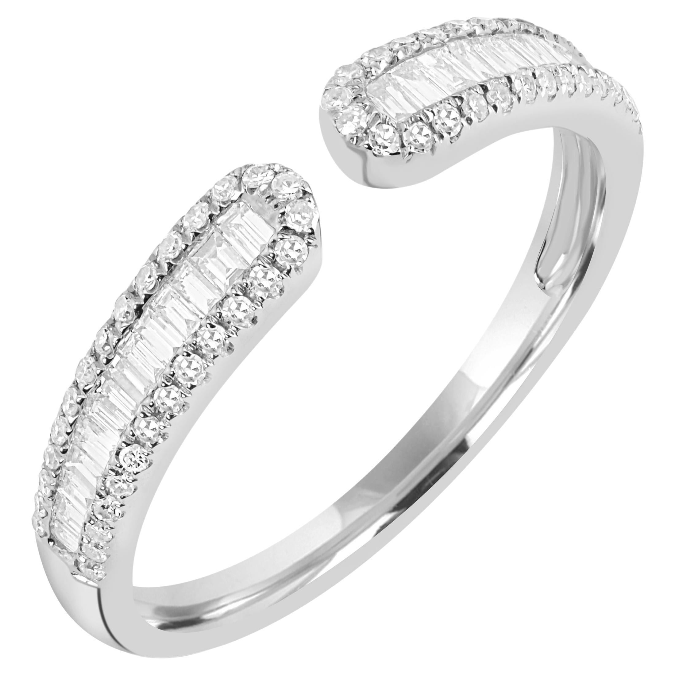 Luxle Baguette Diamond Cuff Ring in 14k White Gold For Sale