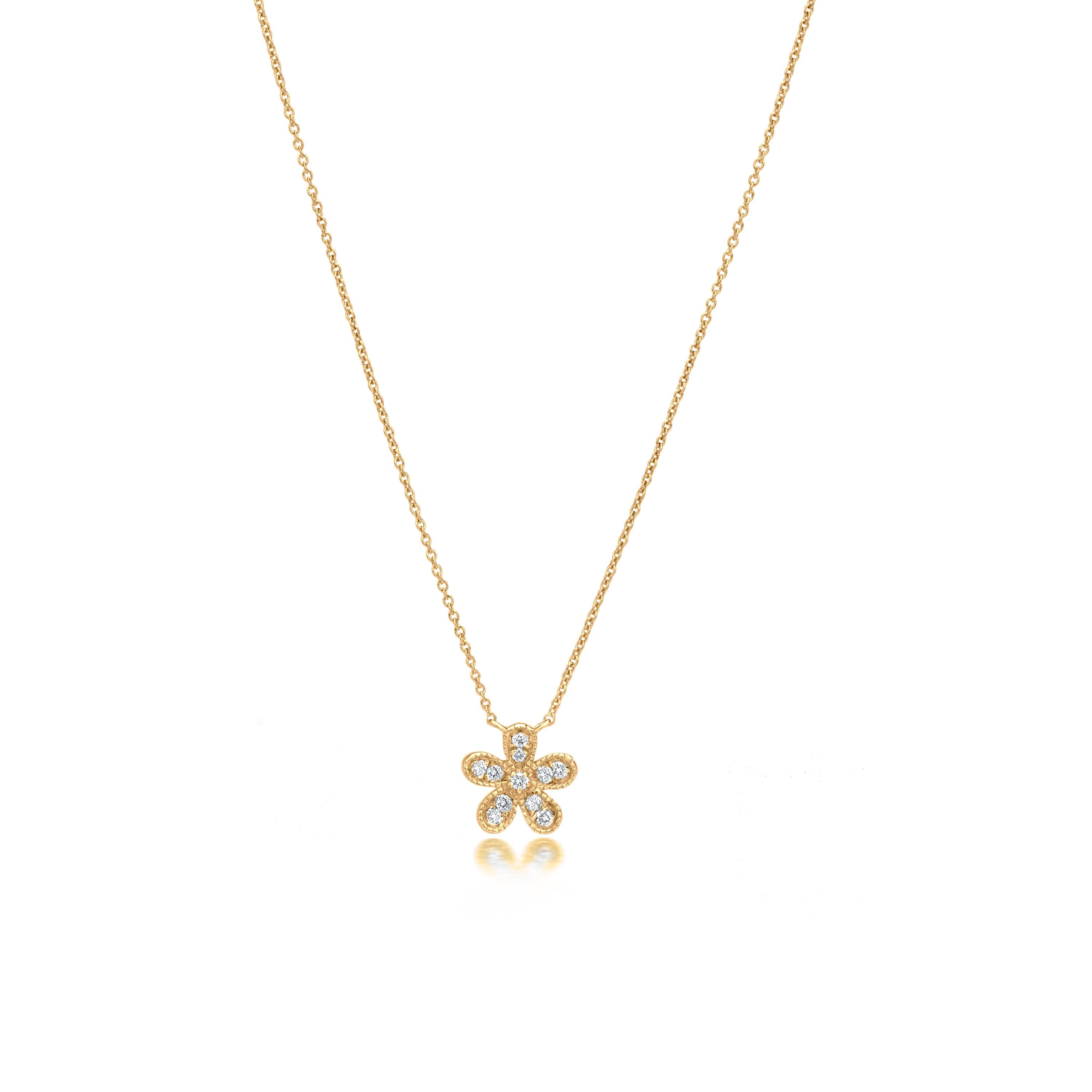 Grace your neckline with a blooming Luxle flower pendant is a symbol of hard-won success. Subtle yet pretty this flower pendant necklace is the new fashion statement. It is featured with 11 round cut diamonds, totaling 0.09Cts adorned in an adorable