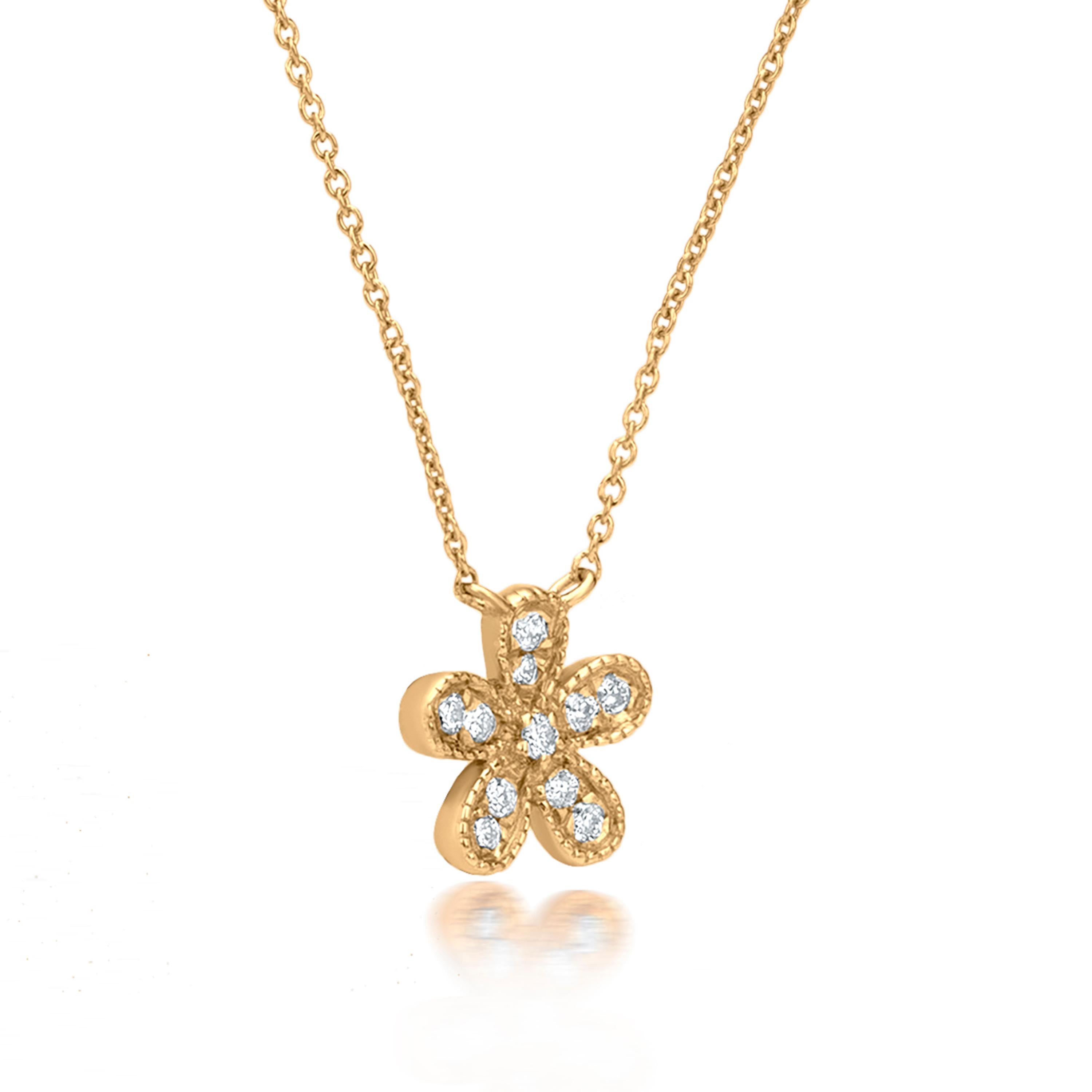Round Cut Luxle Flower Diamond Pendant Necklace in 18K Yellow Gold