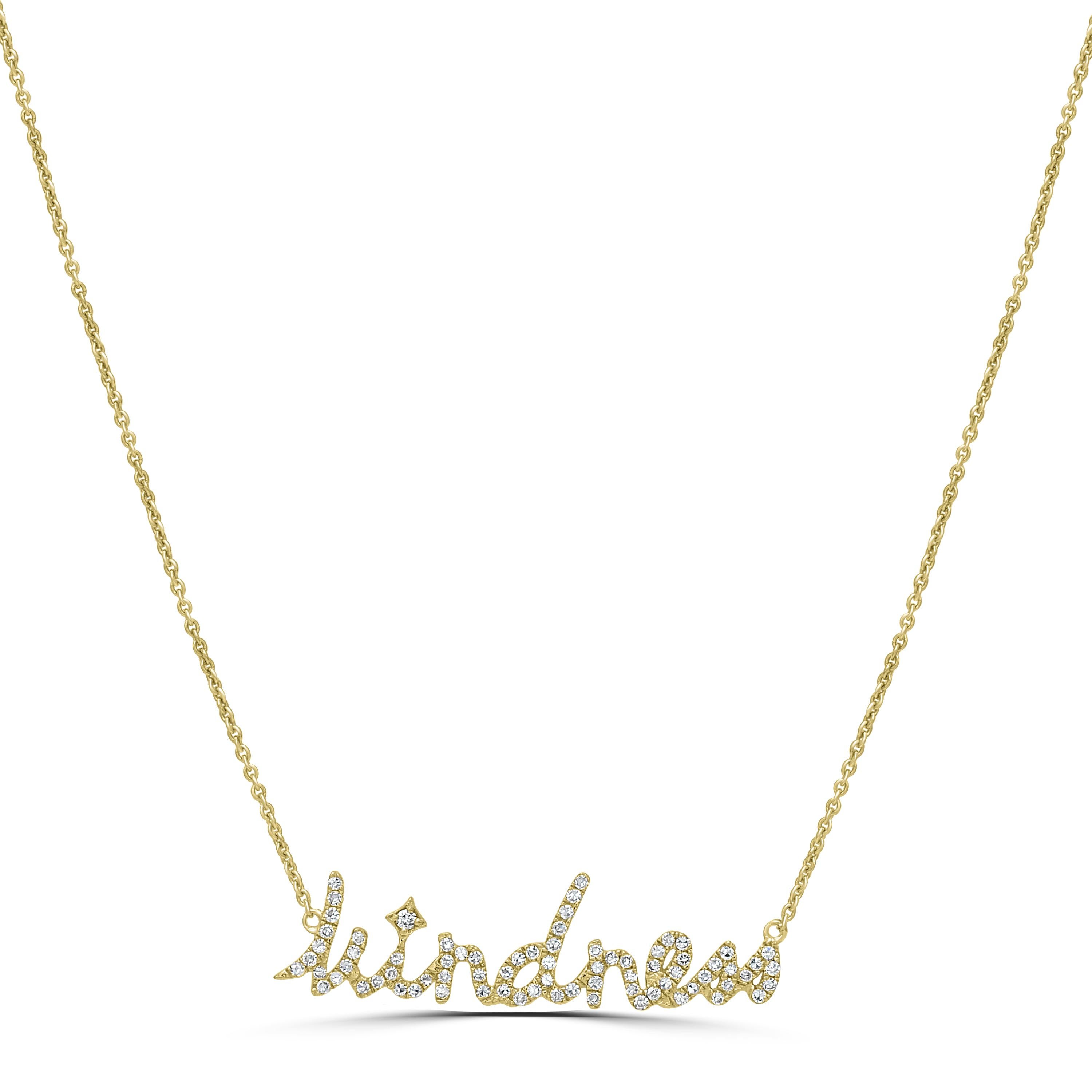 This 15 inches Kindness pendant necklace will add shine and warmth to your life. The Kindness inscribed pattern is fashioned in 14K Yellow Gold and studded with 0.22 Cts round full-cut and single-cut diamonds. This necklace, suspended from a gold