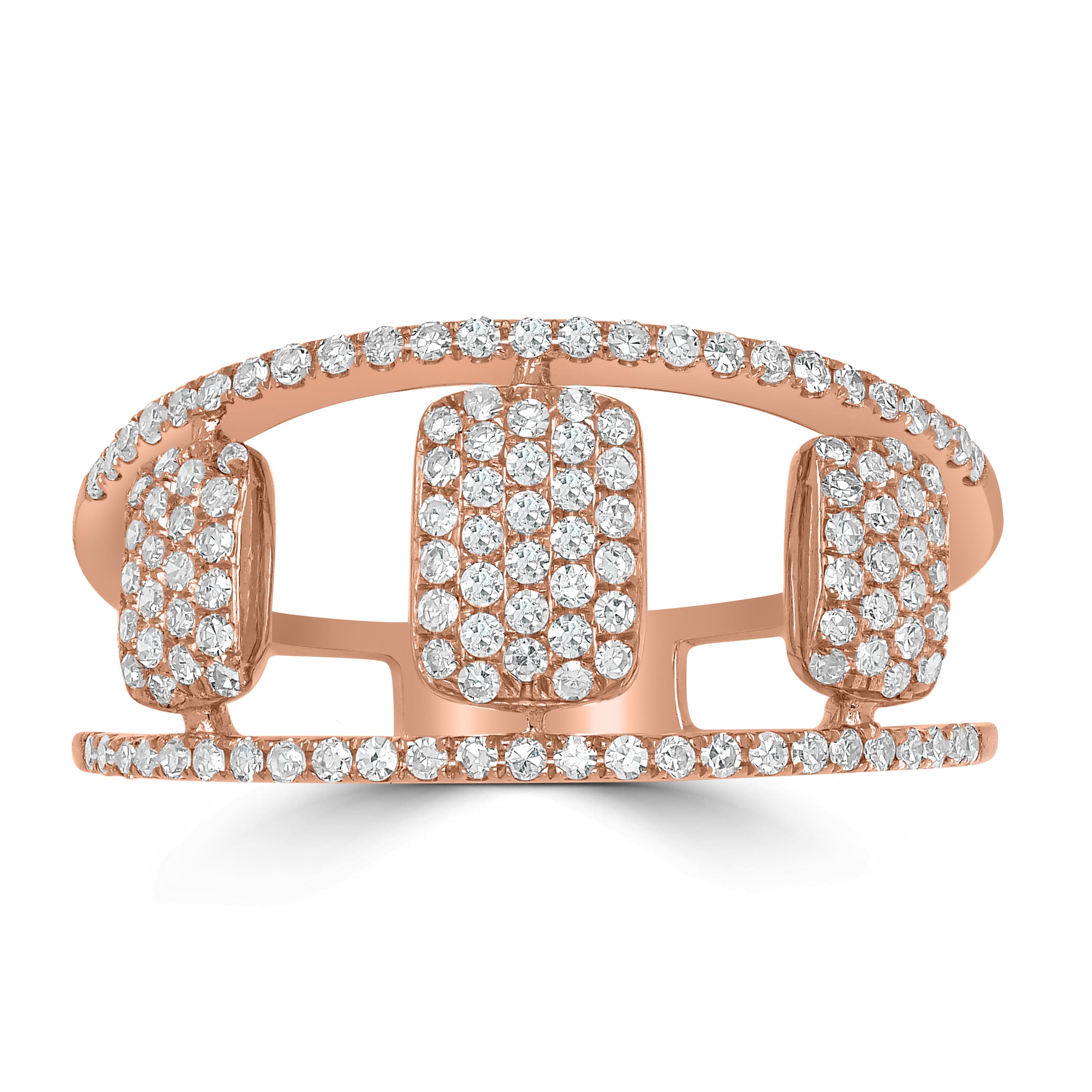 Glamorously attractive, this Luxle split-shank ring in 14K rose gold is featured with rectangle-shaped motifs embellished with diamonds. Each ring is made with 126 round diamonds set in micro pave.

Please follow the Luxury Jewels storefront to view
