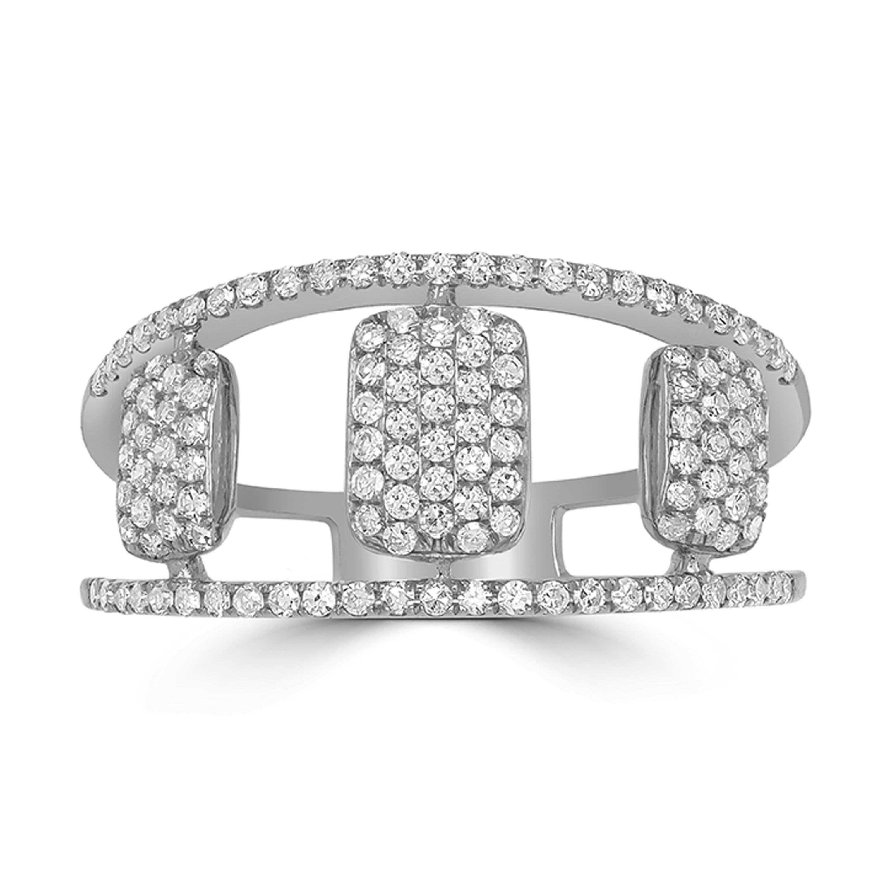 Glamorously attractive, this Luxle split-shank ring in 14K white gold is featured with rectangle-shaped motifs embellished with diamonds. Each ring is made with 126 round diamonds set in micro pave.

Please follow the Luxury Jewels storefront to