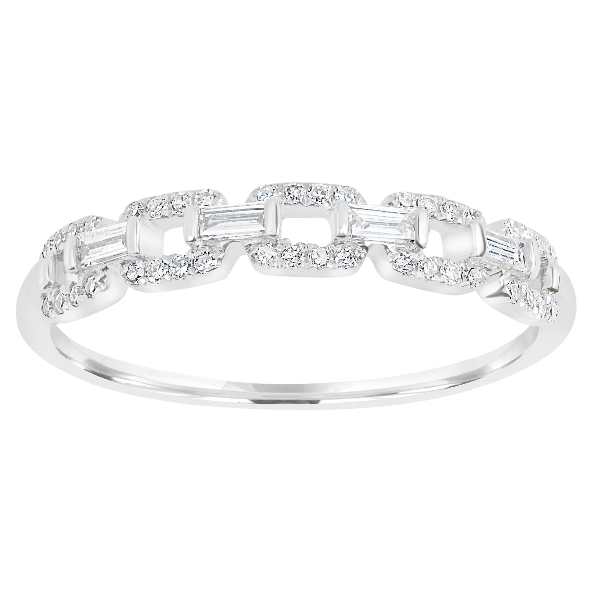 Luxle Round and Baguette Diamond Link Band Ring in 14k White Gold For Sale
