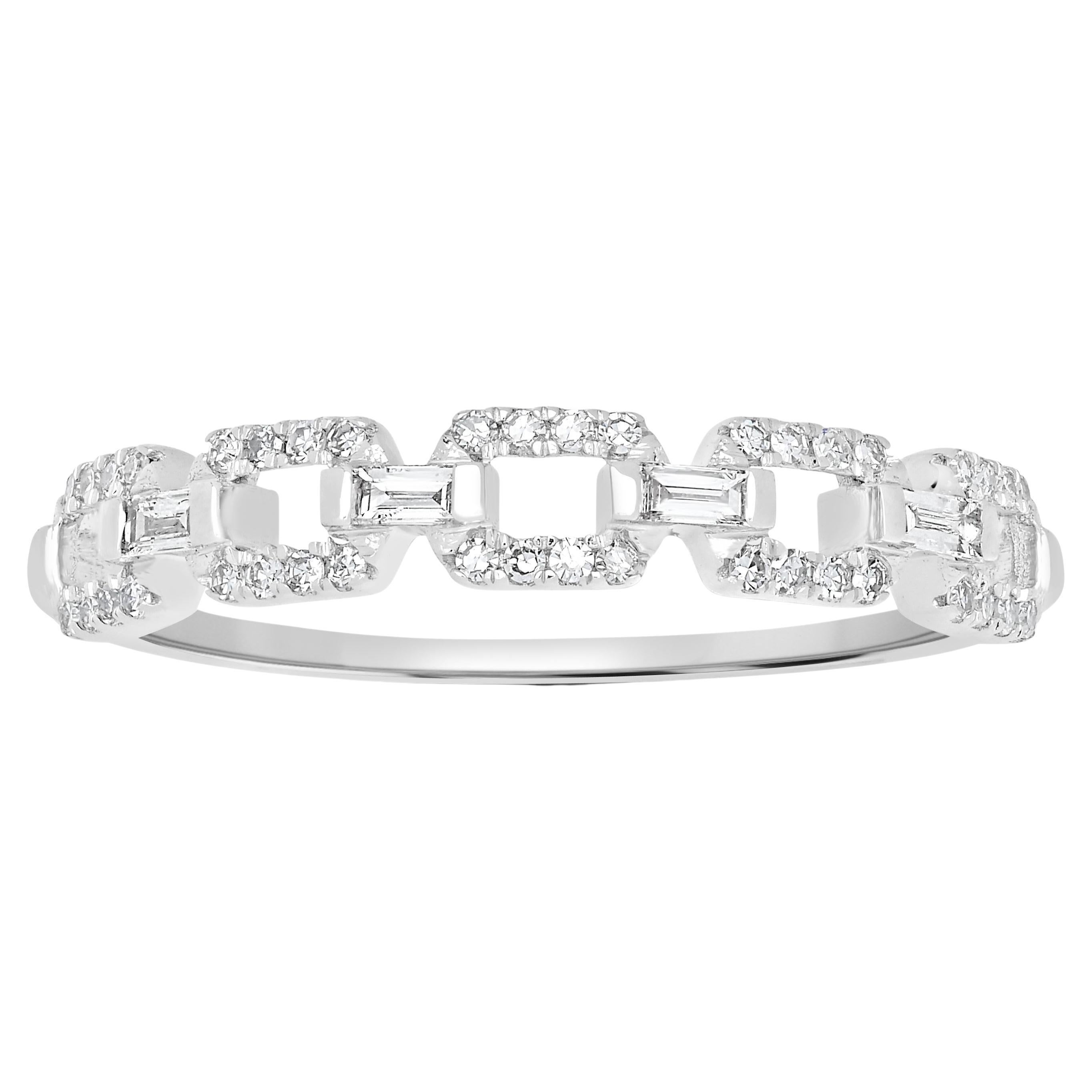 Luxle Round and Baguette Diamond Link Band Ring in 18k White Gold For Sale