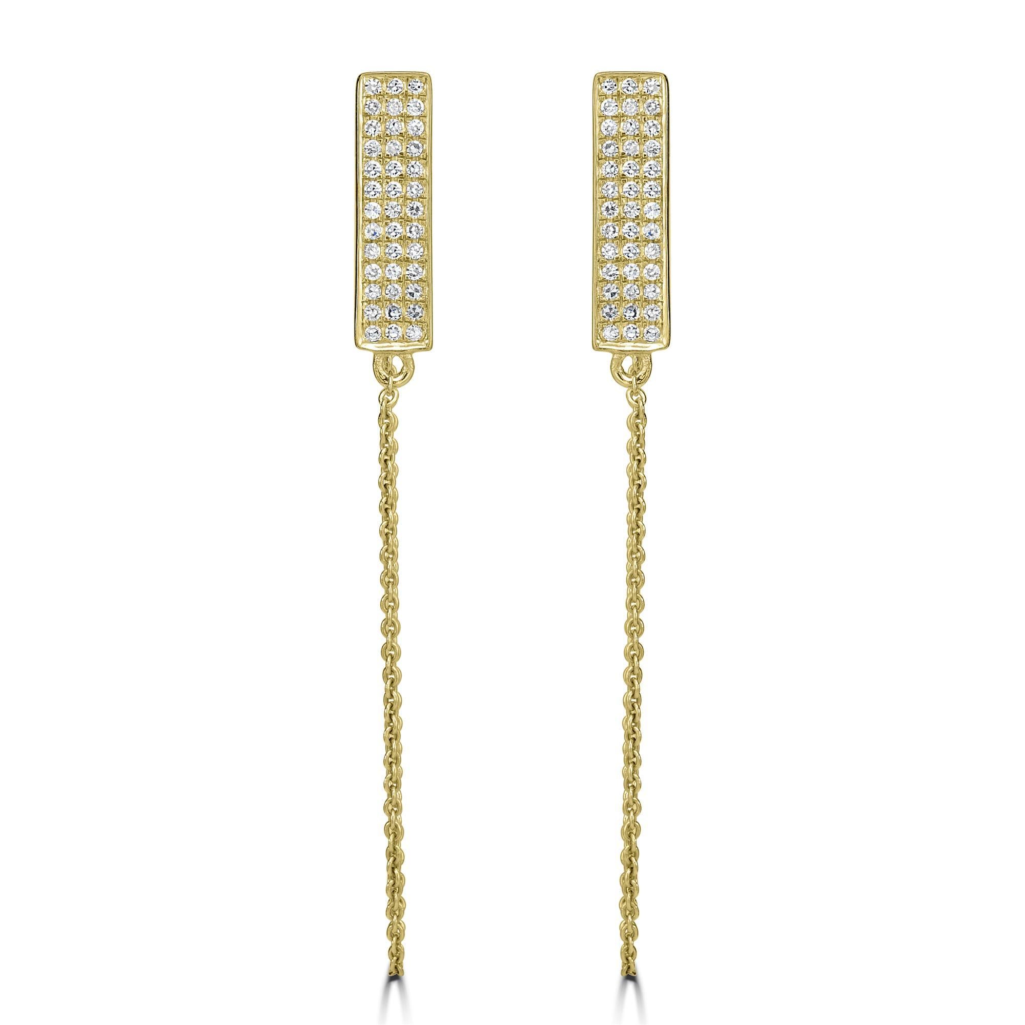 These Luxle Round Diamond Threader Drop Earrings are minimalistic yet so fashionable. Crafted in gleaming 14K yellow gold, studded with 78 round diamonds totaling 0.21 Cts in rectangular motifs at the top with threaders attached to the push-backs.
