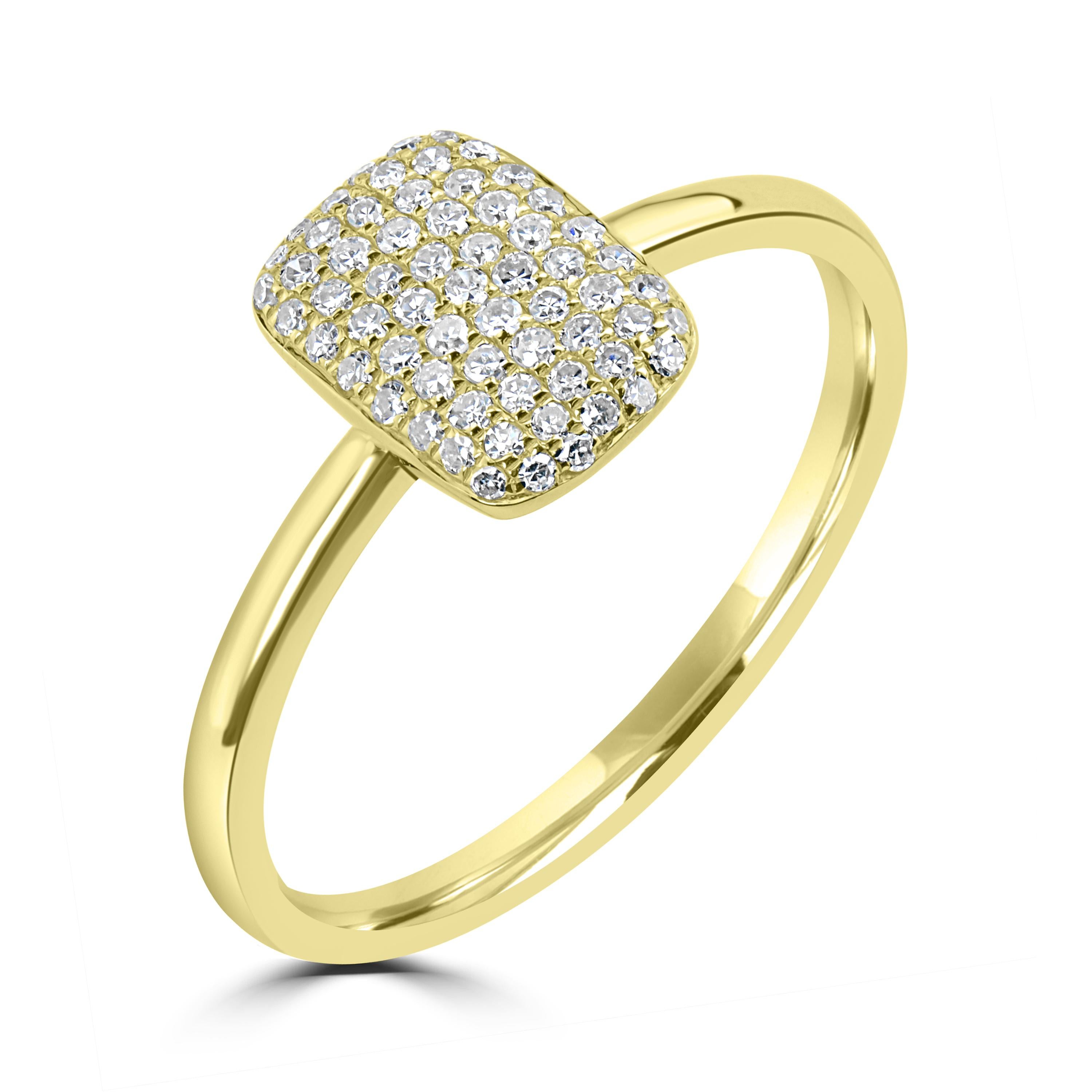 This Luxle Round Diamond Rectangle Ring In 18K Yellow Gold Simple yet chic, this ring has been crafted in 18K yellow gold. Studded with 63 round diamonds totaling 0.21 Ct in micro pave setting in a rectangle motif of gold. This ring is perfect for
