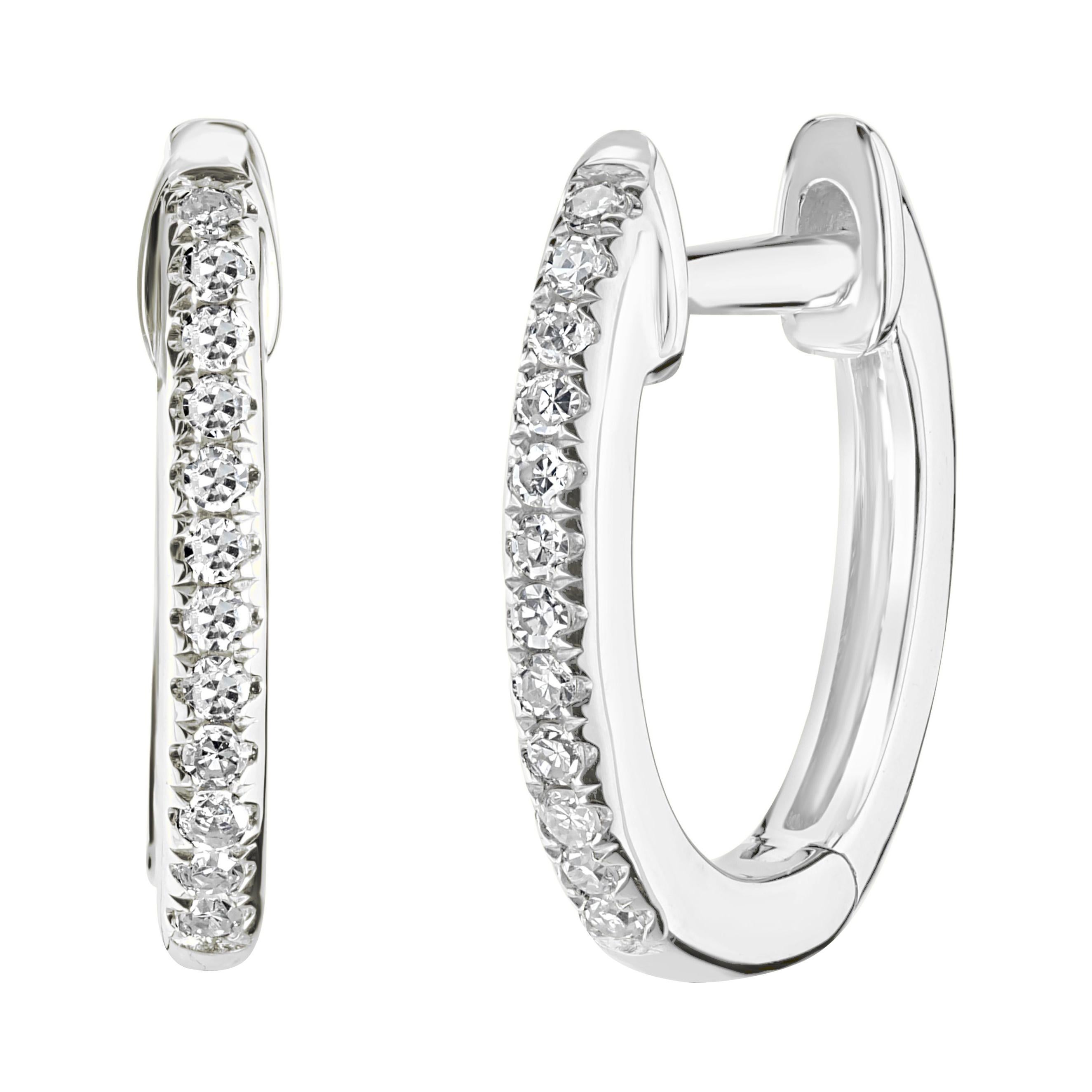 Luxle Round Single-Cut Pave Diamond Huggie Hoop Earrings in 18k White Gold