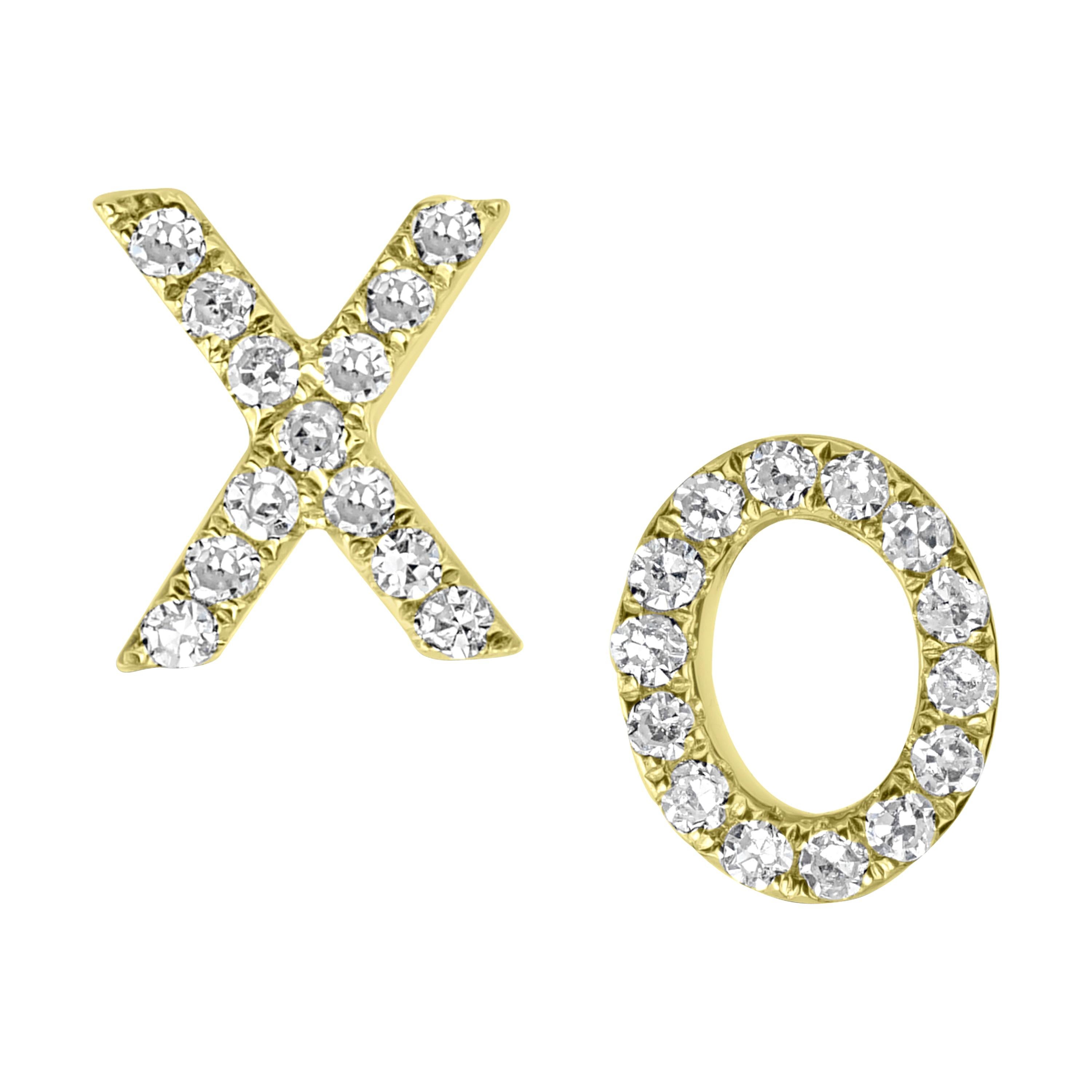 Round Cut Luxle Round Single Cut Pave Diamond XO Stud Earrings in 18k Yellow Gold For Sale