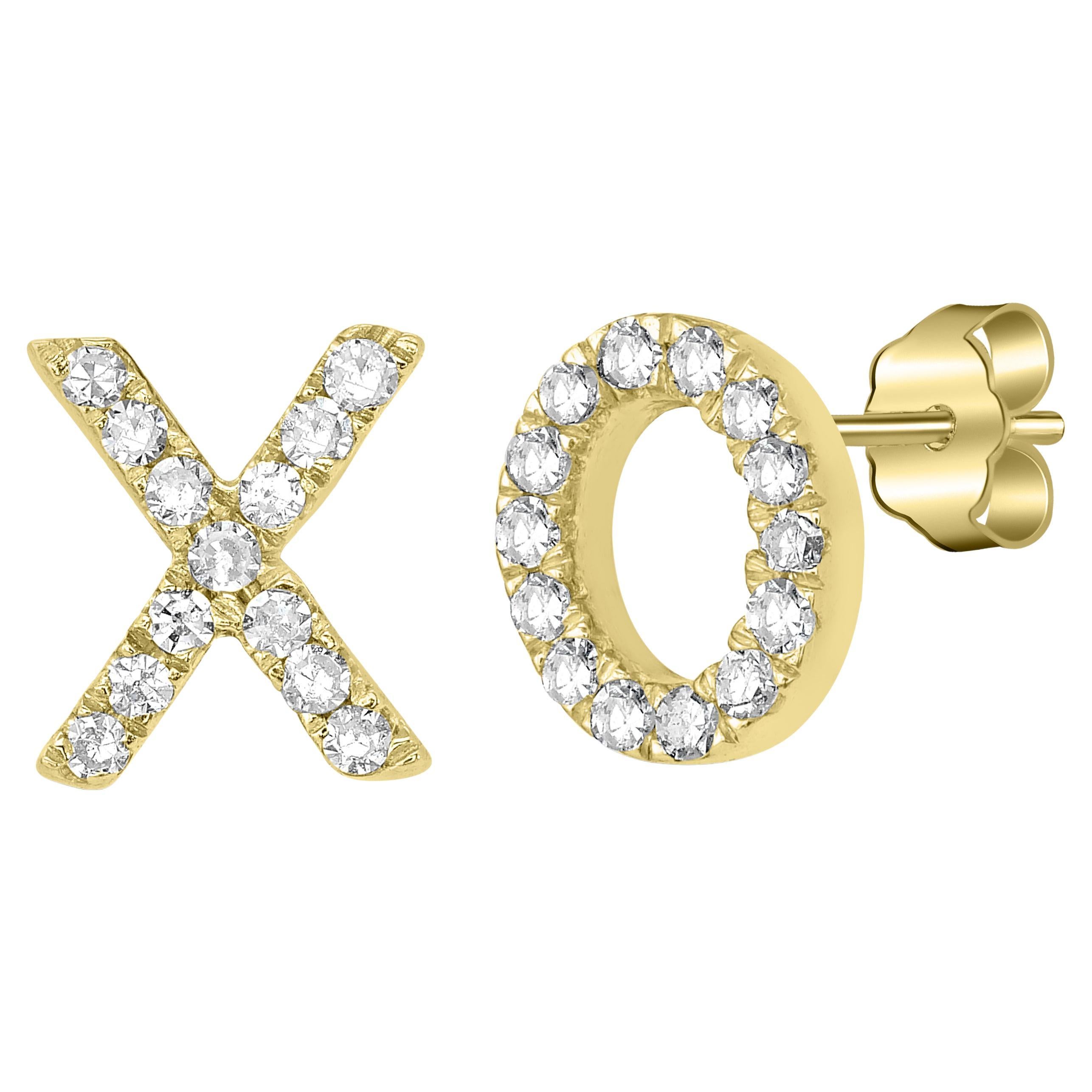 Luxle Round Single Cut Pave Diamond XO Stud Earrings in 18k Yellow Gold For Sale