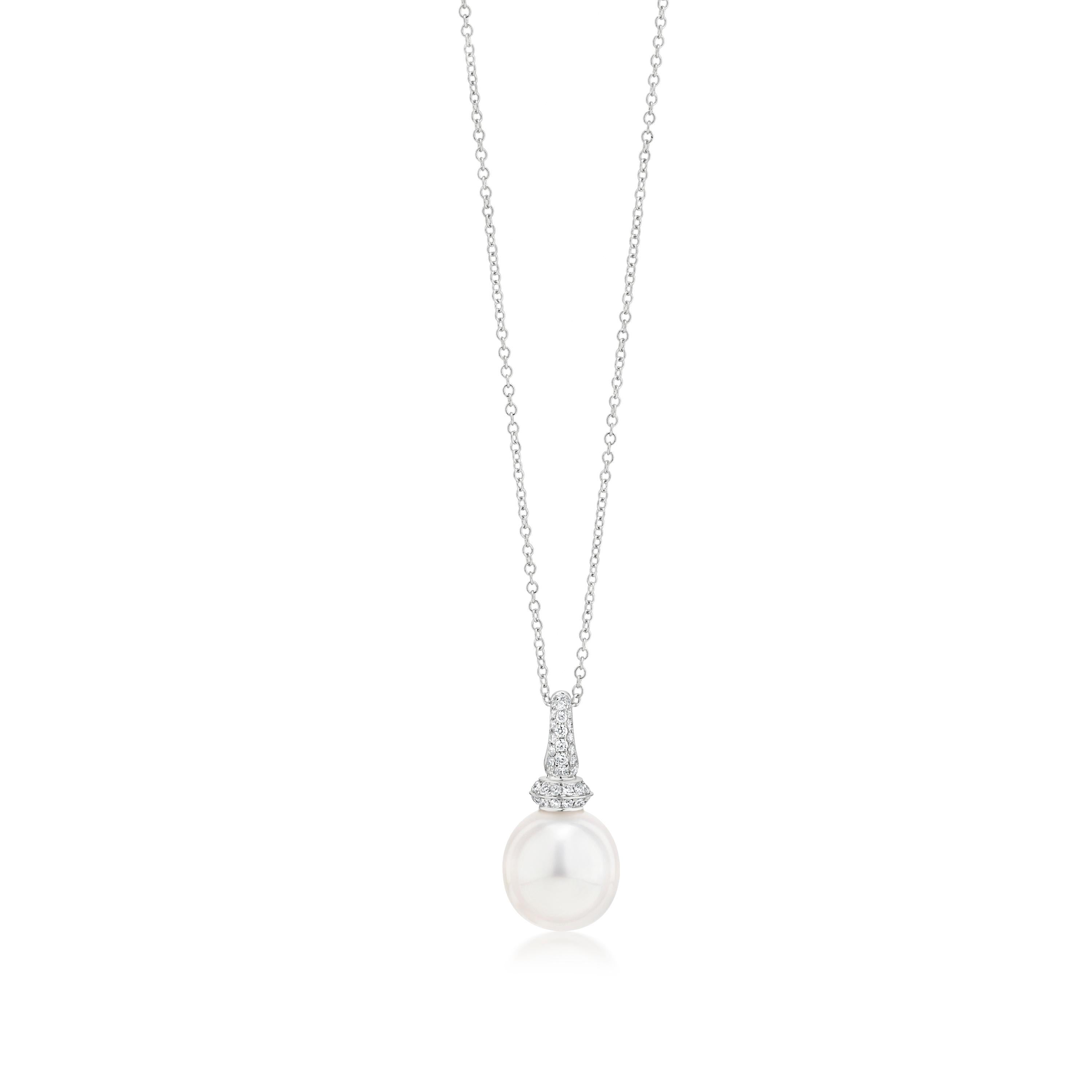 Brilliant Cut Luxle South Sea Pearl and Diamond Drop Pendant Necklace in 18k White Gold For Sale